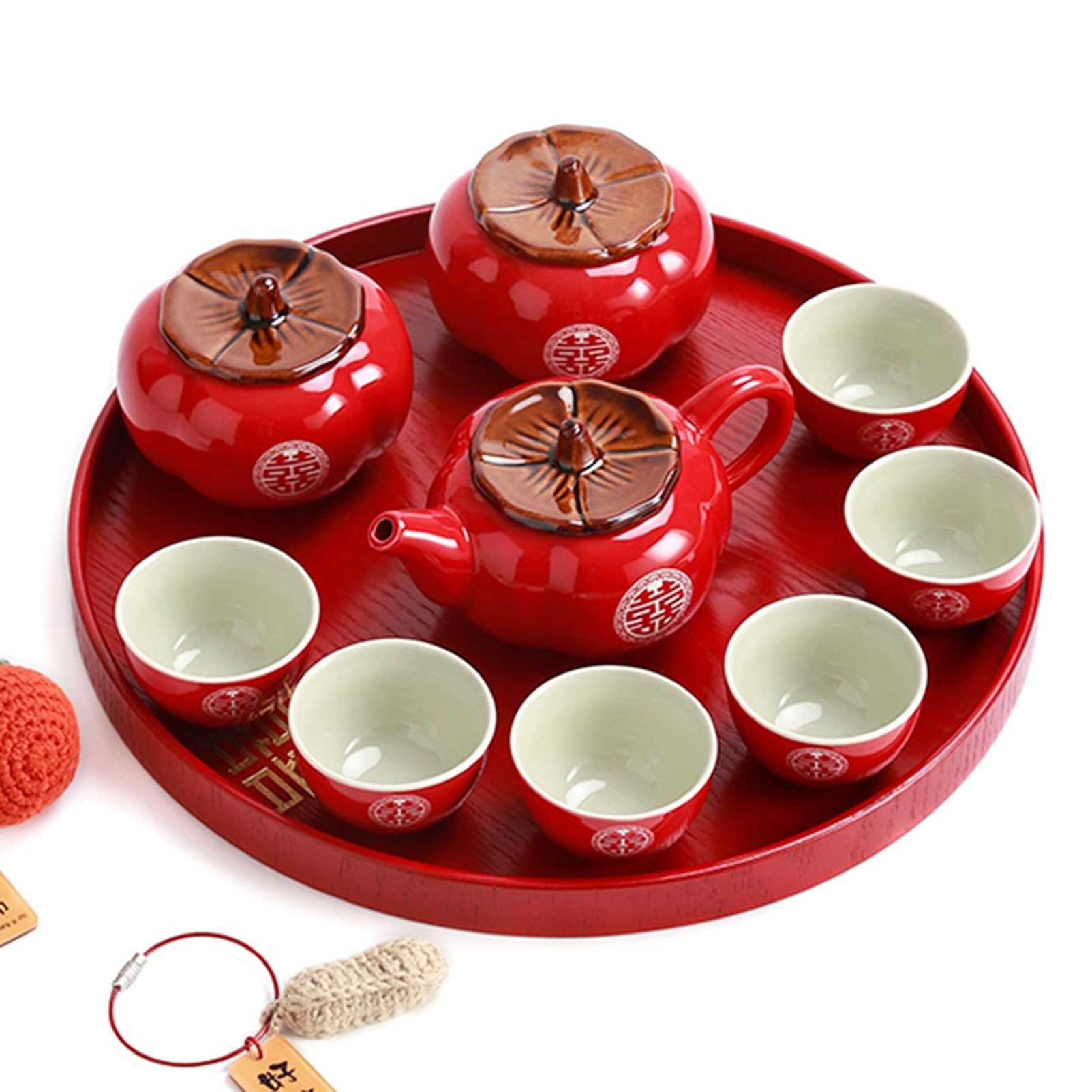 Ślubny zestaw do herbaty, chiński tradycyjny świąteczny czerwony "Everything Goes Well" ceramiczny zestaw do herbaty kungfu ceremonia wesele dla nowożeńców (1 dzbanek do herbaty + 6 filiżanek do