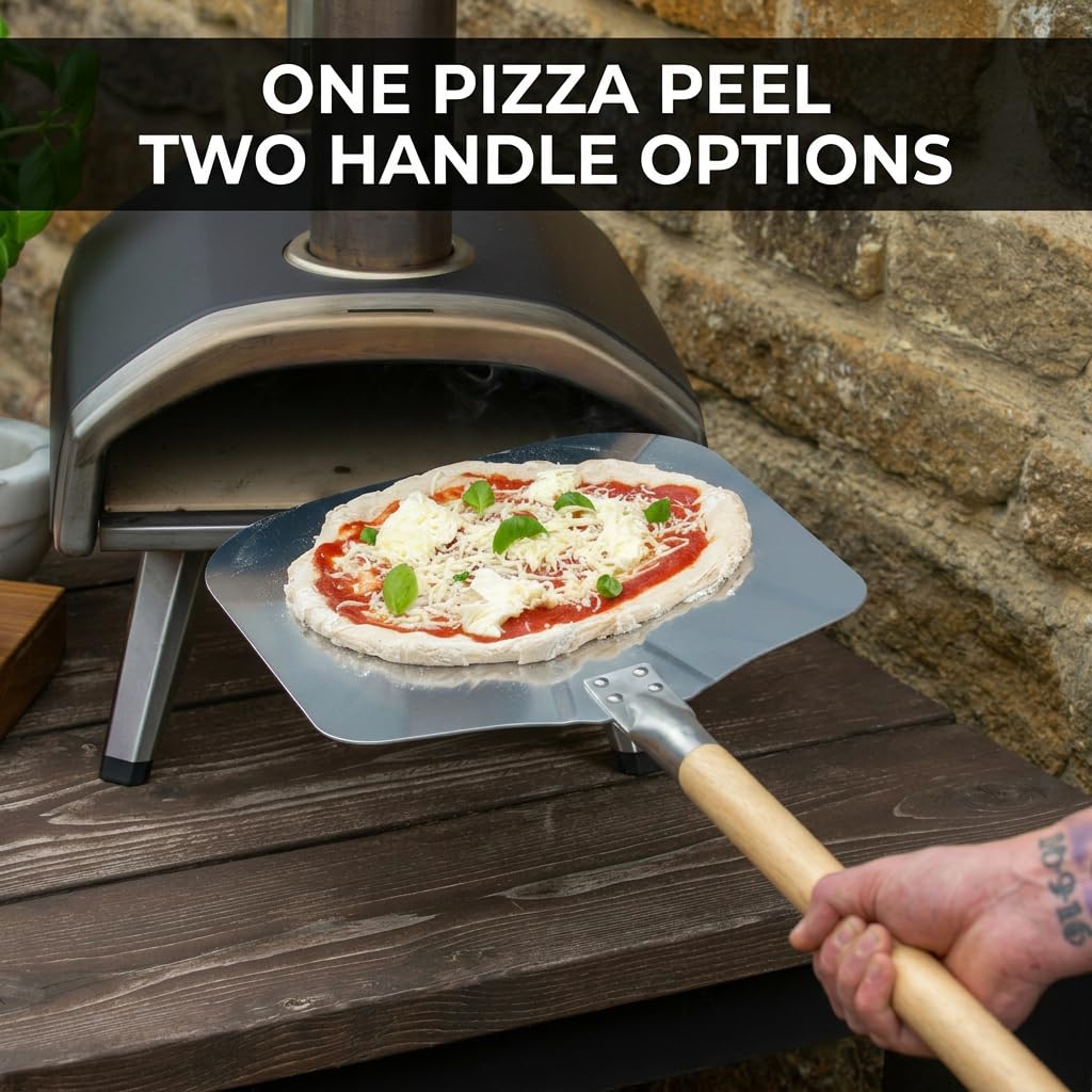 Dan&Co Pizza Peel 12 pulgadas, paleta de metal de longitud ajustable | Seleccione 89 cm de Largo o 45 cm de mango de madera desmontable, aluminio antiadherente, pala de pizza de fácil almacenamiento | Pala de aluminio, 45 cm o 89 cm de largo con asas desm