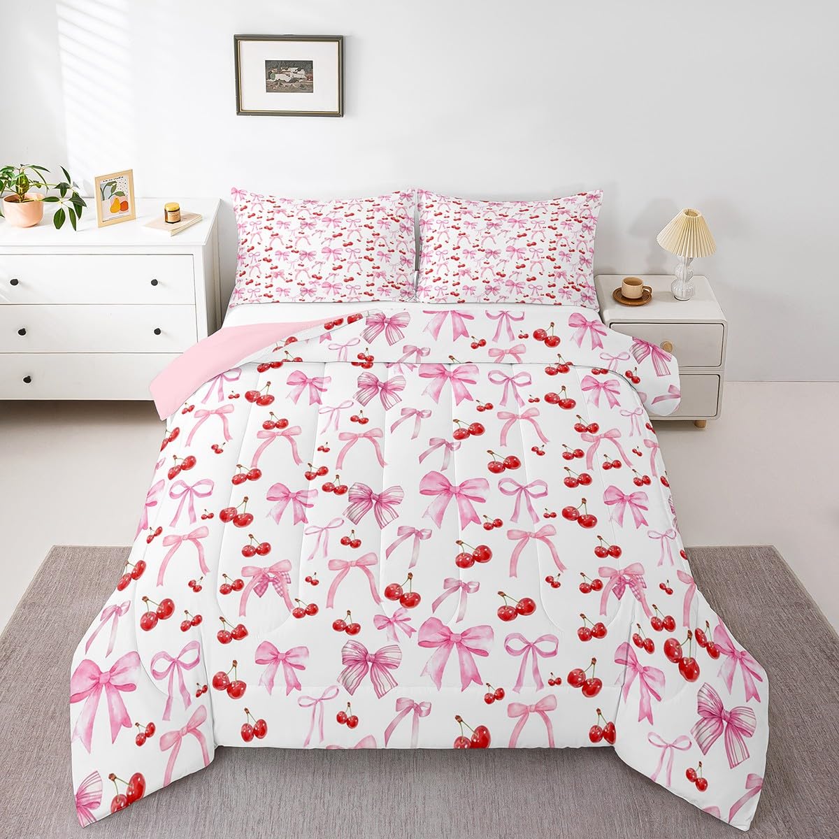 Feelyou Pink Bow Comforter Set Queen Size Watercolor Bow Bedding Set for Boys Girls Teens Bedroom Decor Cute Bow Comforter Women Men Kawaii Cherry