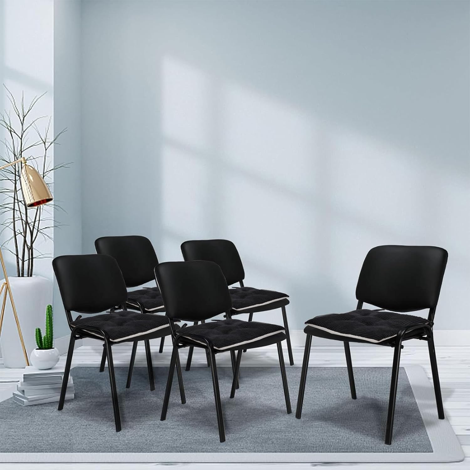 Office Stacking Chair Cushion with Ties, Corduroy High Density Foam Non-Slip Kitchen Seat Cushion, Square 17" x 17" Indoor Dining Chair Pads, Black, 1 PCS