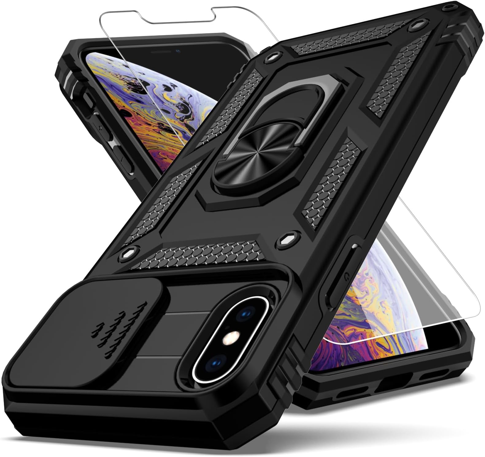for iPhone X Case,iPhone Xs Case,with Slide Camera Cover HD Screen Protector,[Camera Protection] [Magnetic Rotate Kickstand] Military Grade Shockproof Heavy Duty Protective Cover-Black