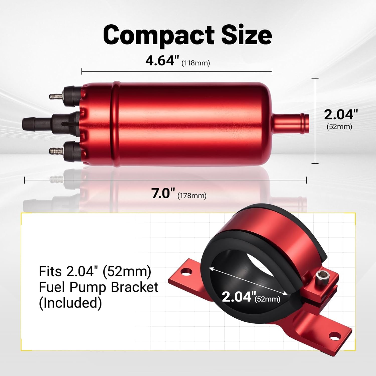 External Inline Fuel Pump 12V-13.5V with 255 LPH Max High Flow, 115 PSI High Pressure Fuel Pump, Replacement for 0580464070 with 50mm Bracket Clamp(Red)