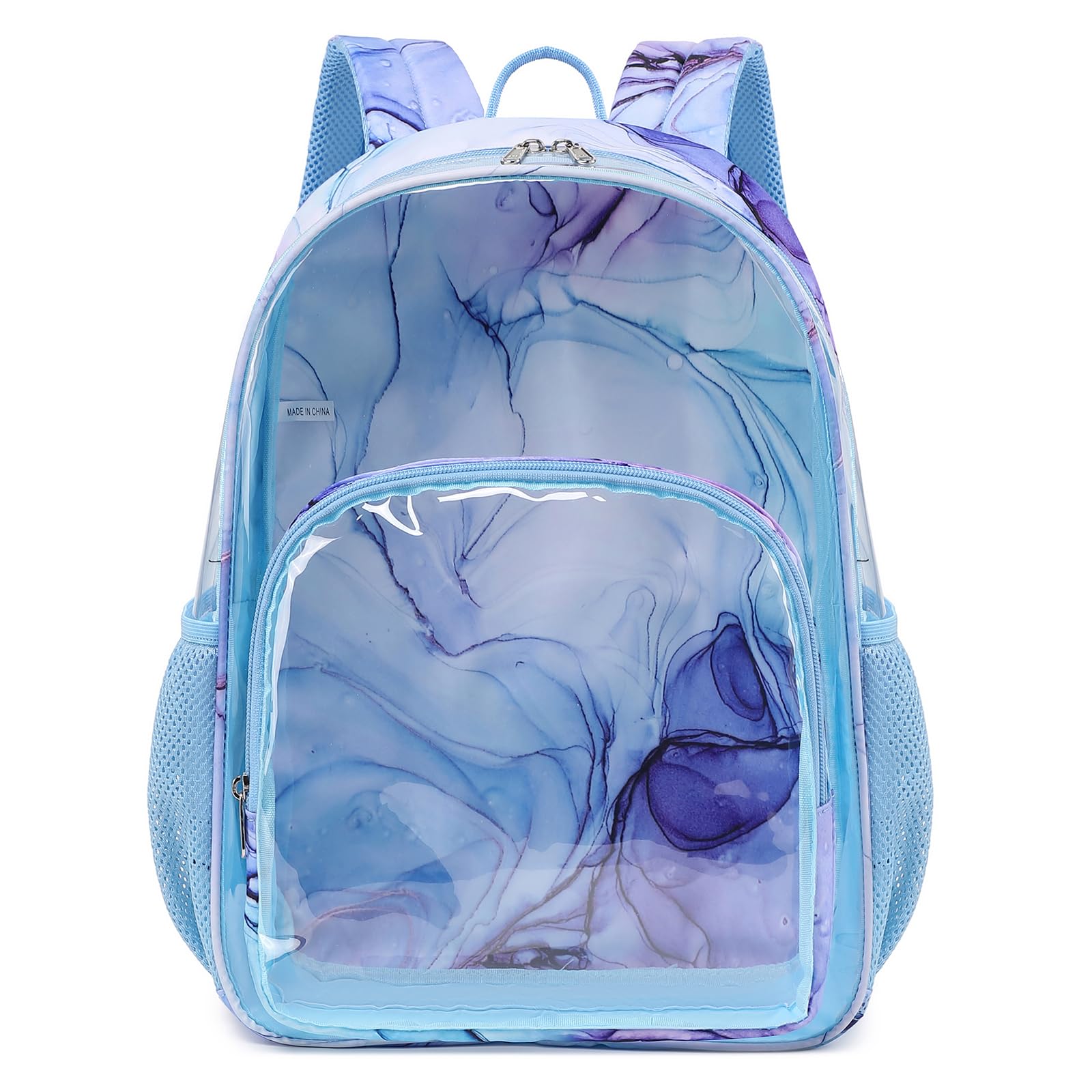 Dafelile Clear Backpack for Girls Heavy Duty Transparent See Through Backpacks for School Large Capacity Blue Marbles Stadium Approved Clear Bookbag