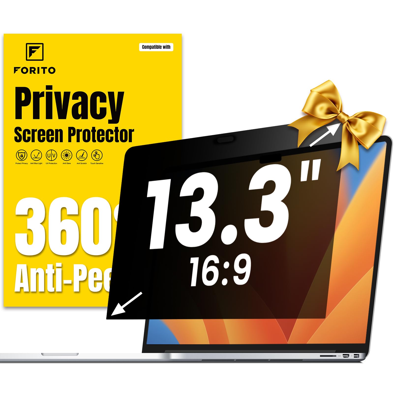 F FORITO 13.3 Inch 16:9 360°Laptop Privacy Screen Protector, Anti Peeping and Anti Glare Laptop Privacy Shield, Reduce Eye Strain & Eye Protection