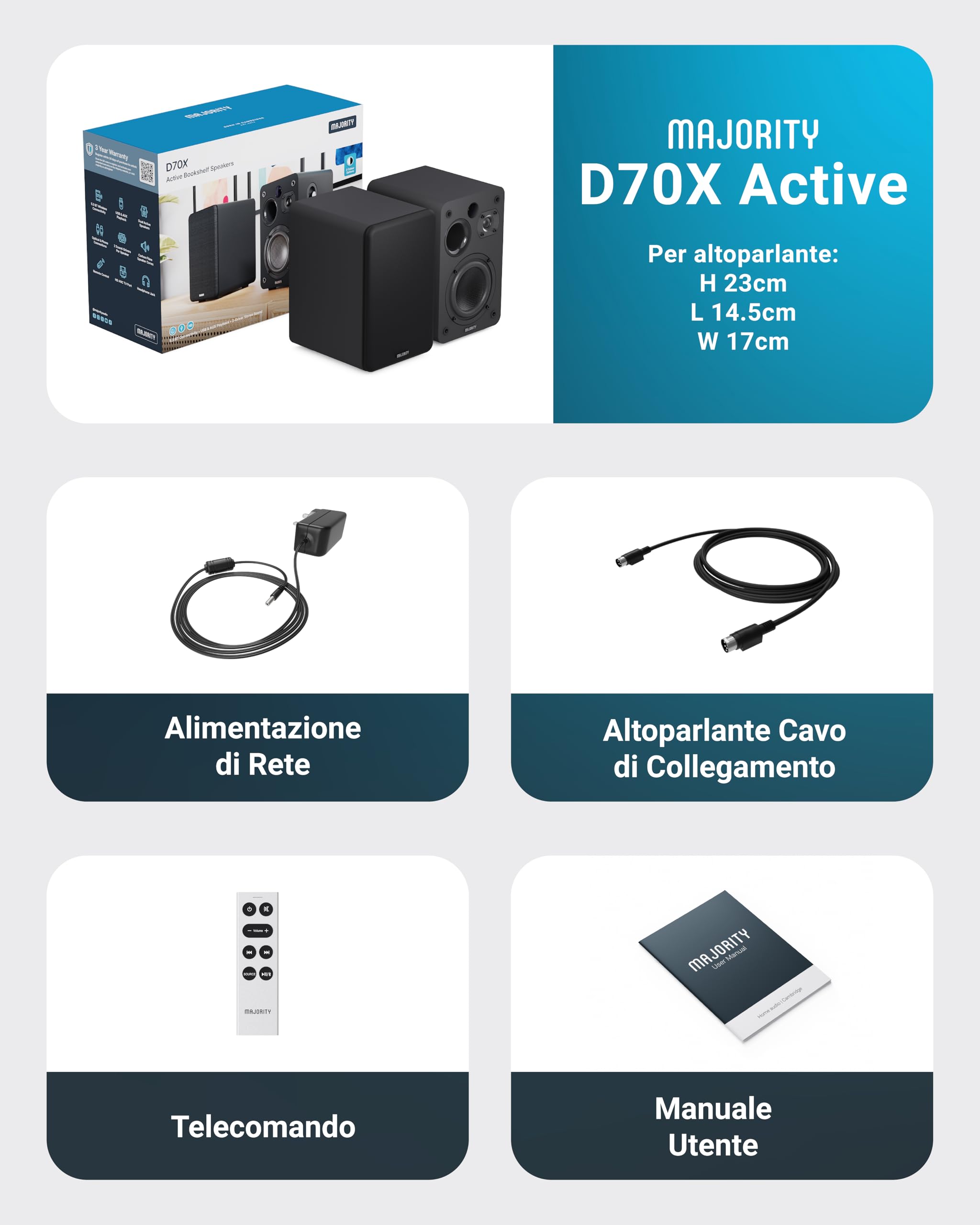 Majority Cassa Bluetooth Potente 70W | HDMI ARC | Dual Drivers | Coni in Fibra di Carbonio | Cassa Amplificata Bluetooth | Optical AUX Phono | Telecomando EQ | Casse per TV e Stereo Casa D70X (Nero)