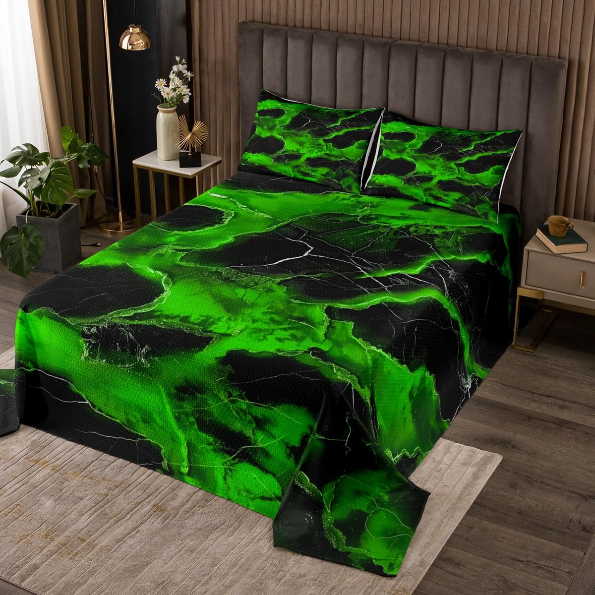 jejeloiu Boys Girls Green Marble Bedspread King Size, Modern Marble Aesthetic Coverlet Set Retro Watercolor Artwork Design Quilted Coverlet Kids Teens Bedroom Decor 3Pcs