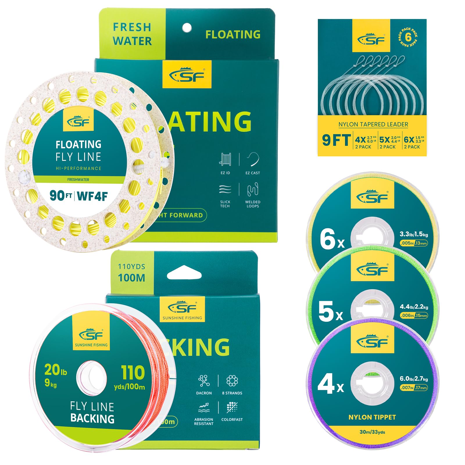 SF Floating Fly Line - Fluo Yellow 90FT WF4F Welded Loop Line with Backing, Tapered Leader and Tippet (Starter Kit for Freshwater)