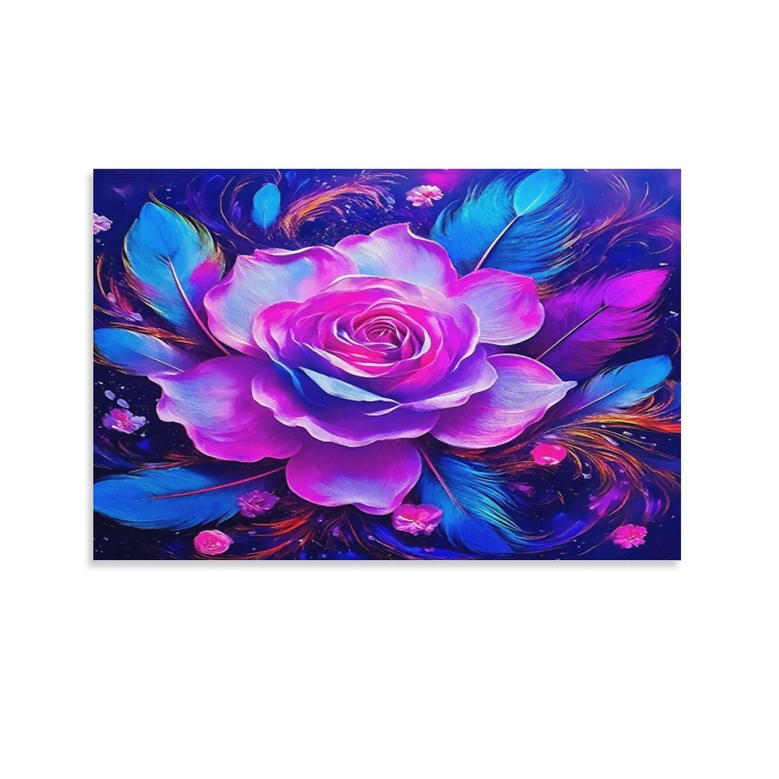 CPLVKWRQJ Skeleton Angel with Roses And Wings Single Neon Pink Rose Bright Blue Feather Decor Canvas Wall Art - Fade Resistant Ready to Hang Living Room Focal Point Wall Decor 24x36inch(60x90cm)