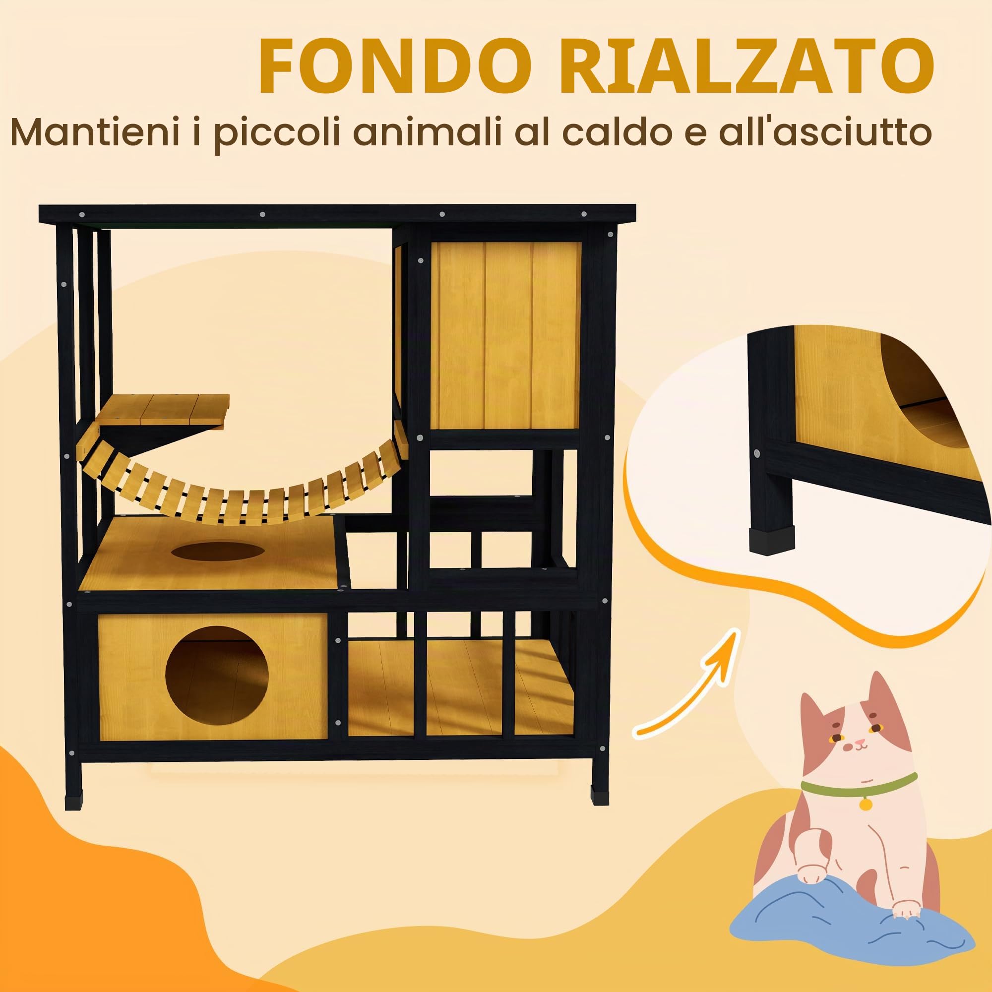 PawHut Casa in legno impermeabile per 1-2 gatti Giallo 84.5x60x88cm