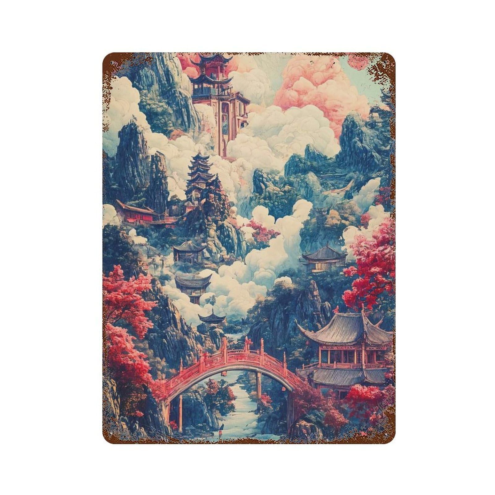 Asian Landscape Vintage Rust Metal Sign 15.7"x11.8", Shabby Chic Decor for Living Room, Hallway And Home Decor