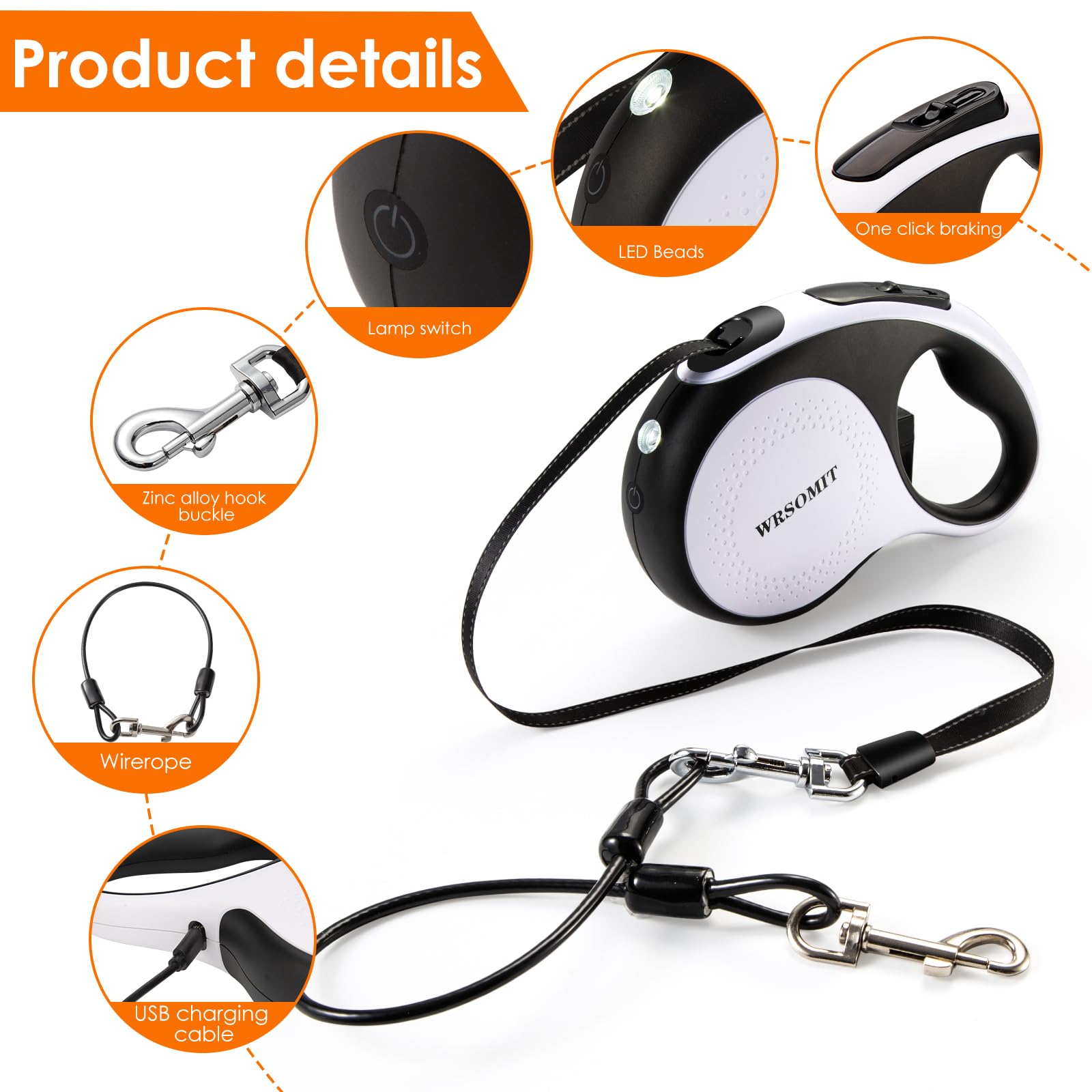 Correa retráctil para perros con cable resistente a mordeduras y linterna led, 5 m, para perros medianos y grandes hasta 50 kg, giro 360° sin enredos, alta resistencia, blanco