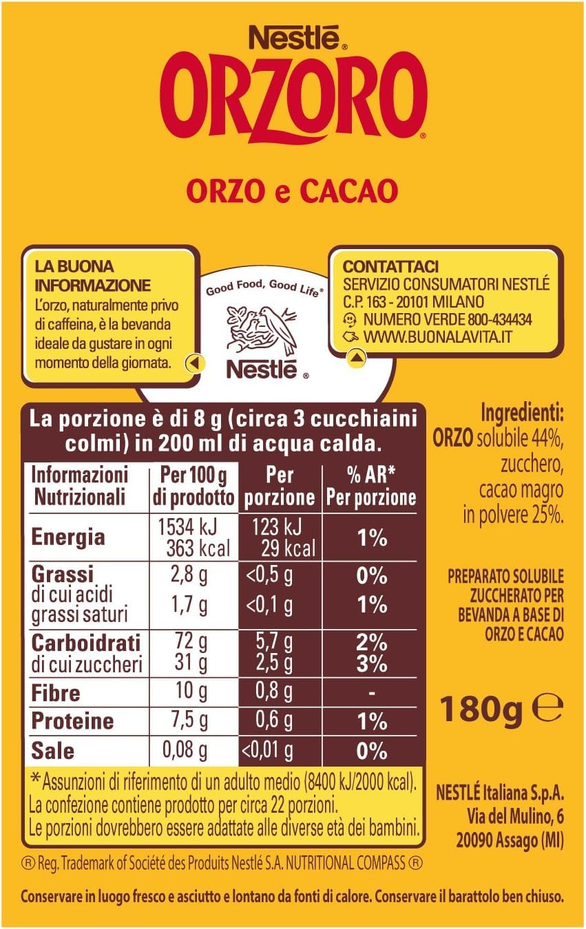 Italian Gourmet Orzoro Orge & Cacao Soluble Nestlé – Lot de 6 x 180 g – Boisson chaude instantanée à l’orge et cacao, goût doux et gourmand, alternative au café, petit-déjeuner + Italian Gourmet Polpa