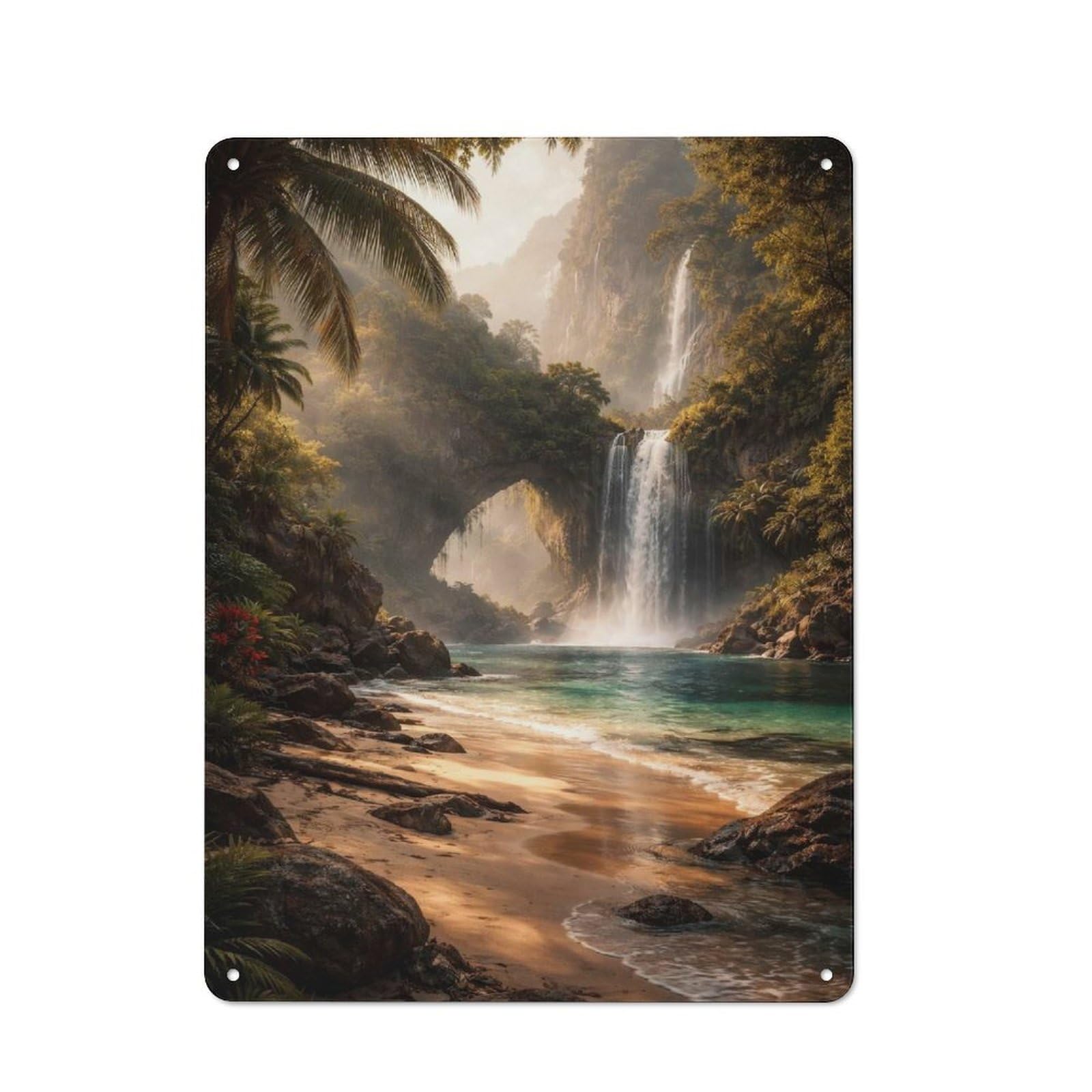 Tropical Paradise with Waterfalls And Arch Workshop Style Metal Wall Decor 40x30cm, Decorative Metal Plaque for Garage, Workshop, Shed Or Utility Room
