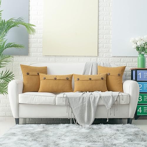 Miniatura 6 de HWY 50 Juego de 2 fundas de cojín de 16 x 16 pulgadas color amarillo mostaza para sofá, cama y sala de estar, fundas de cojín decorativas de