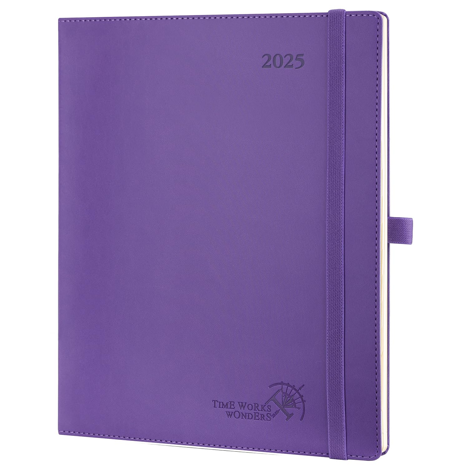 POPRUN Agenda 2025 con vista semanal grande (26,5 x 21,5 cm), piel sintética, tapa suave, agenda semanal vertical, 25 agendas, pestañas mensuales, papel FSC® de 100 g/m² (morado)