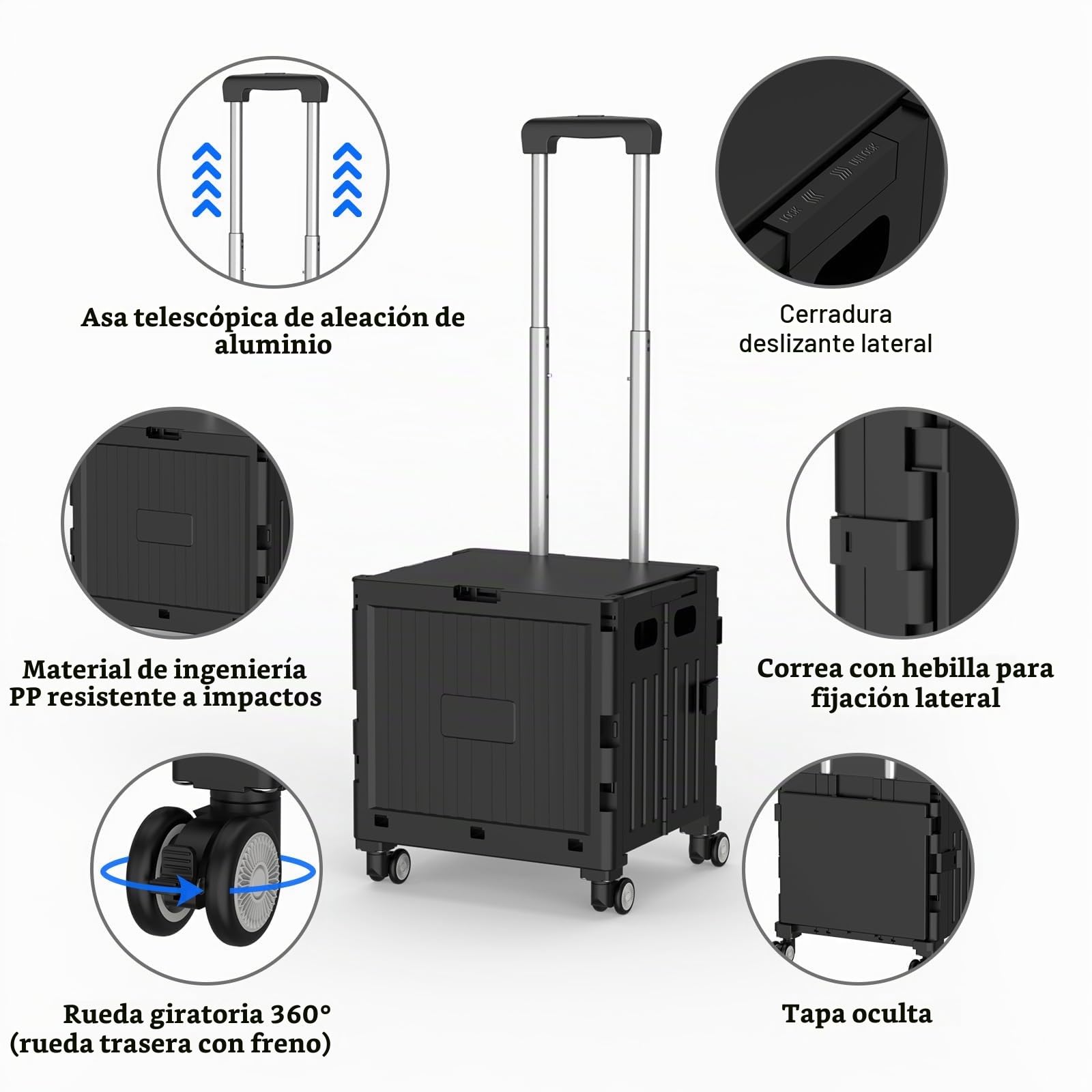 Carro de la compra plegable, carrito de la compra hasta 30 kg, caja de transporte con 4 ruedas, asa de aluminio ajustable, carrito plegable para compras, viajes, oficina (negro)