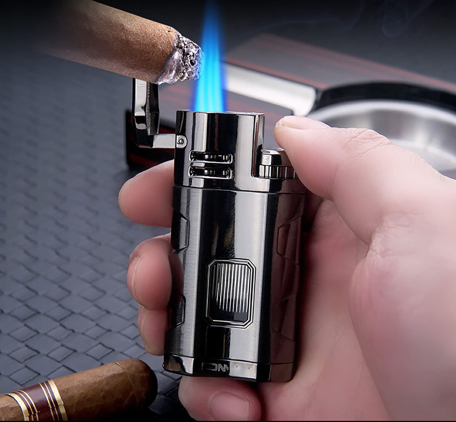 Jet Torch Encendedor de Cigarros Butano 3 Llama Azul Encendedor a Prueba de Viento con Cortador de Cigarros Ventana de Gas Visible Sin Combustible,Black