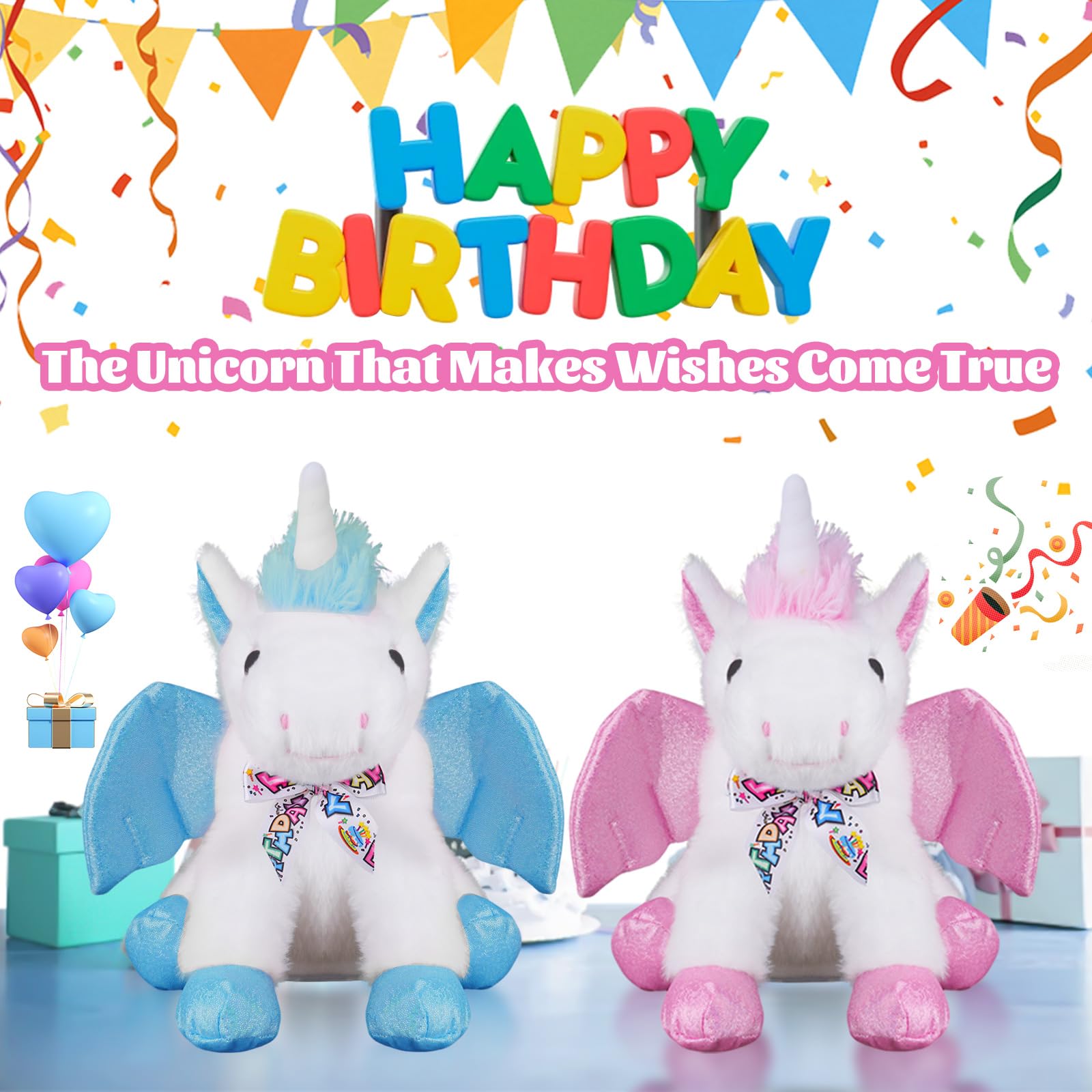 Happy Birthday Gifts - Peluche a forma di unicorno con la canzone di buon compleanno, unicorno con ali mobili, regalo per feste per bambini, ragazzi, ragazze, bambini, 28 cm, rosa