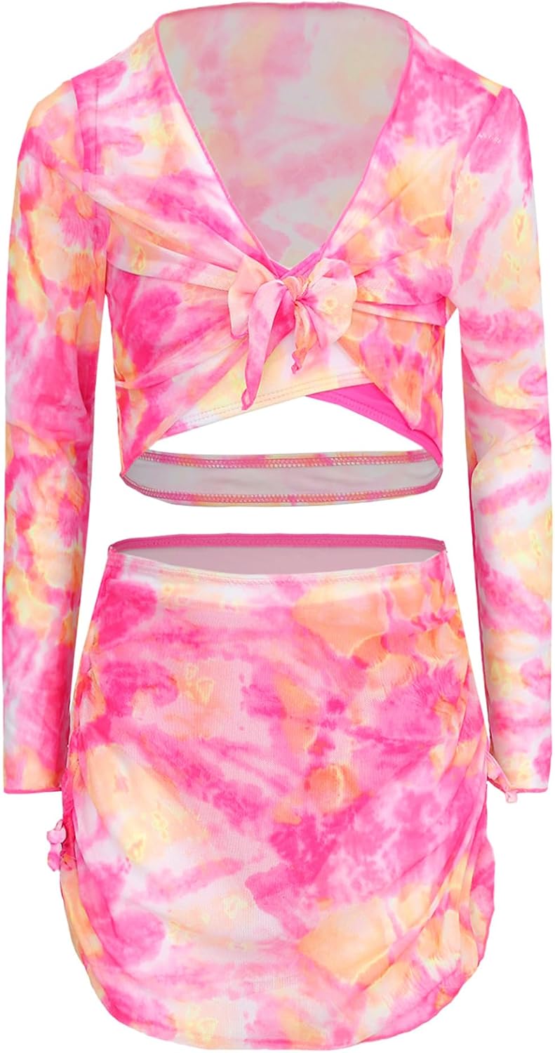 Sxiwei Child Girls Rash Guard 4 Piece Bathing Suit Tie Dye Printed Bathing Suit Beach Sports Swimwear Set