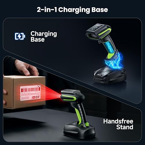 Miniatura 7 de Eyoyo Escáner de código de barras inalámbrico industrial escáner Bluetooth impermeable 3 en 1 con base de carga e indicador de batería, lector de
