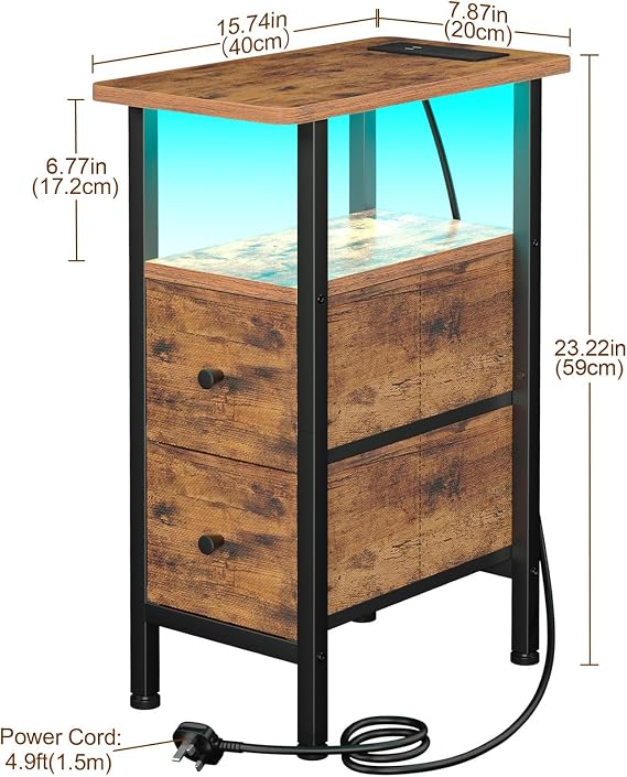 LOAKEKEL Slim Bedside Table Set of 2 with Charging Station, Narrow Side Table with LED Lights, Sofa Table with 2 Fabric Drawers, Nightstand for Small Spaces, Living Room, Bedroom, Brown UHETNDP02PLBR