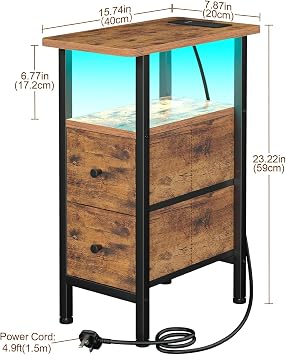 LOAKEKEL Slim Bedside Table Set of 2 with Charging Station, Narrow Side Table with LED Lights, Sofa Table with 2 Fabric Drawers, Nightstand for Small Spaces, Living Room, Bedroom, Brown UHETNDP02PLBR