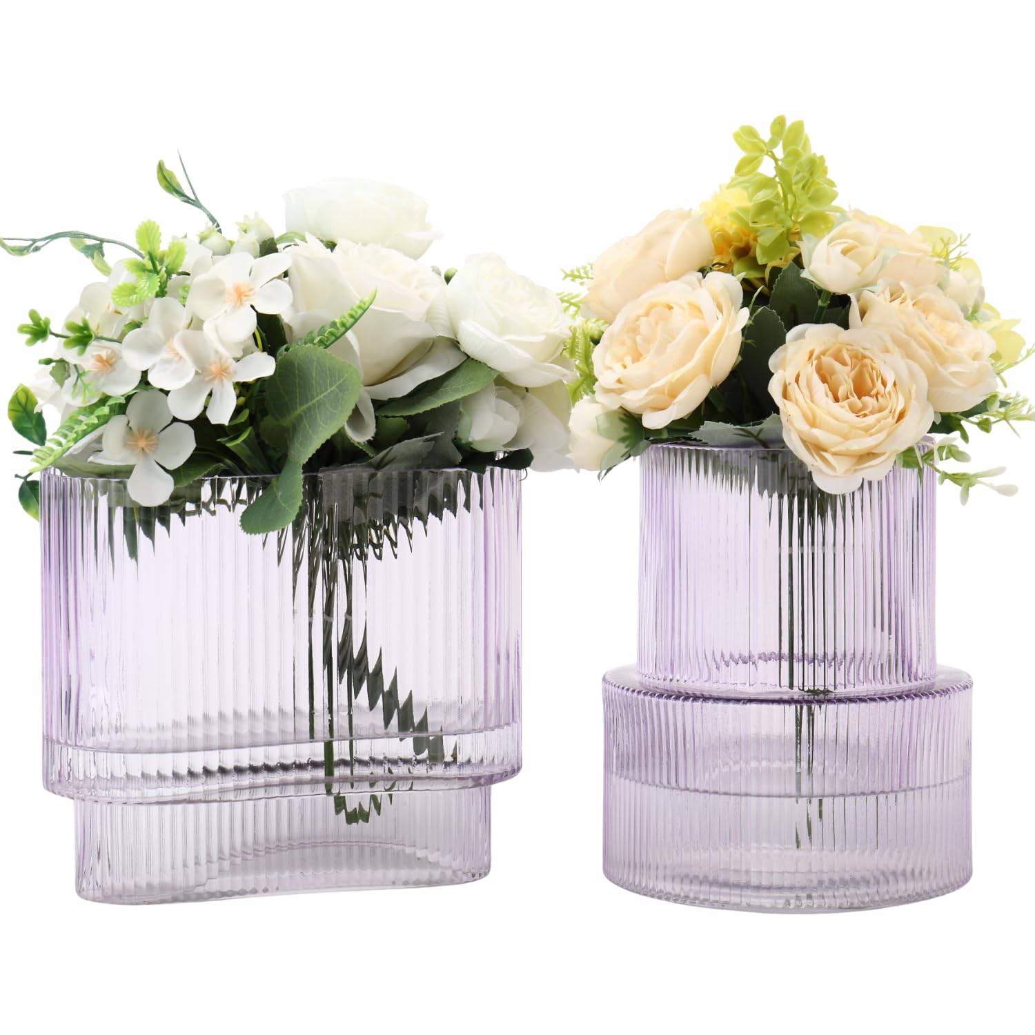 Vase pour tulipes en verre violet à côtes pour décorer une table à manger ou une cheminée
