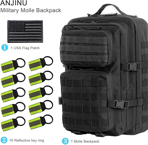 Miniatura 2 de ANJINU Black Tactical Backpack, Military Backpack, Molle Backpack, 42L, Large Army 3 Day Assault Pack (Black