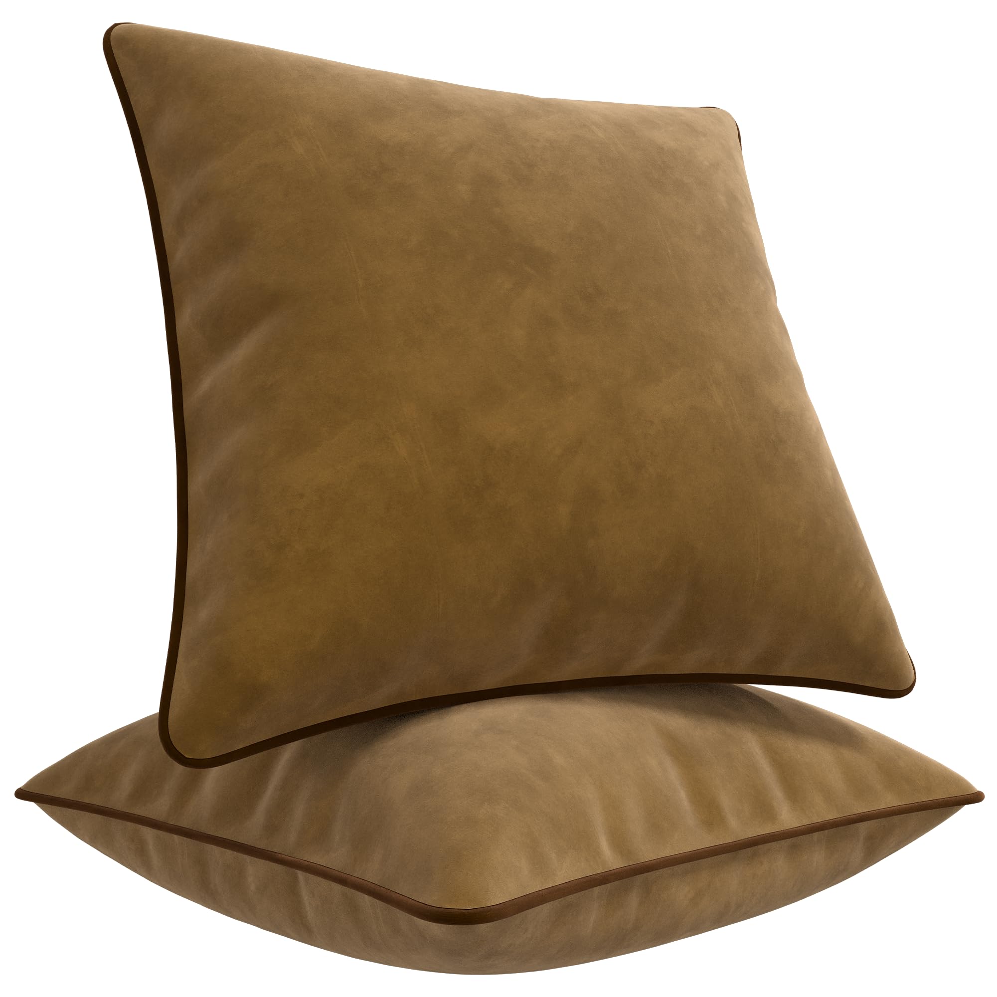 Blau Marité Set of 2 Velvet Throw Pillow Covers with Contrast Piping, Soft Decorative Cushion Covers, Camel and Brown