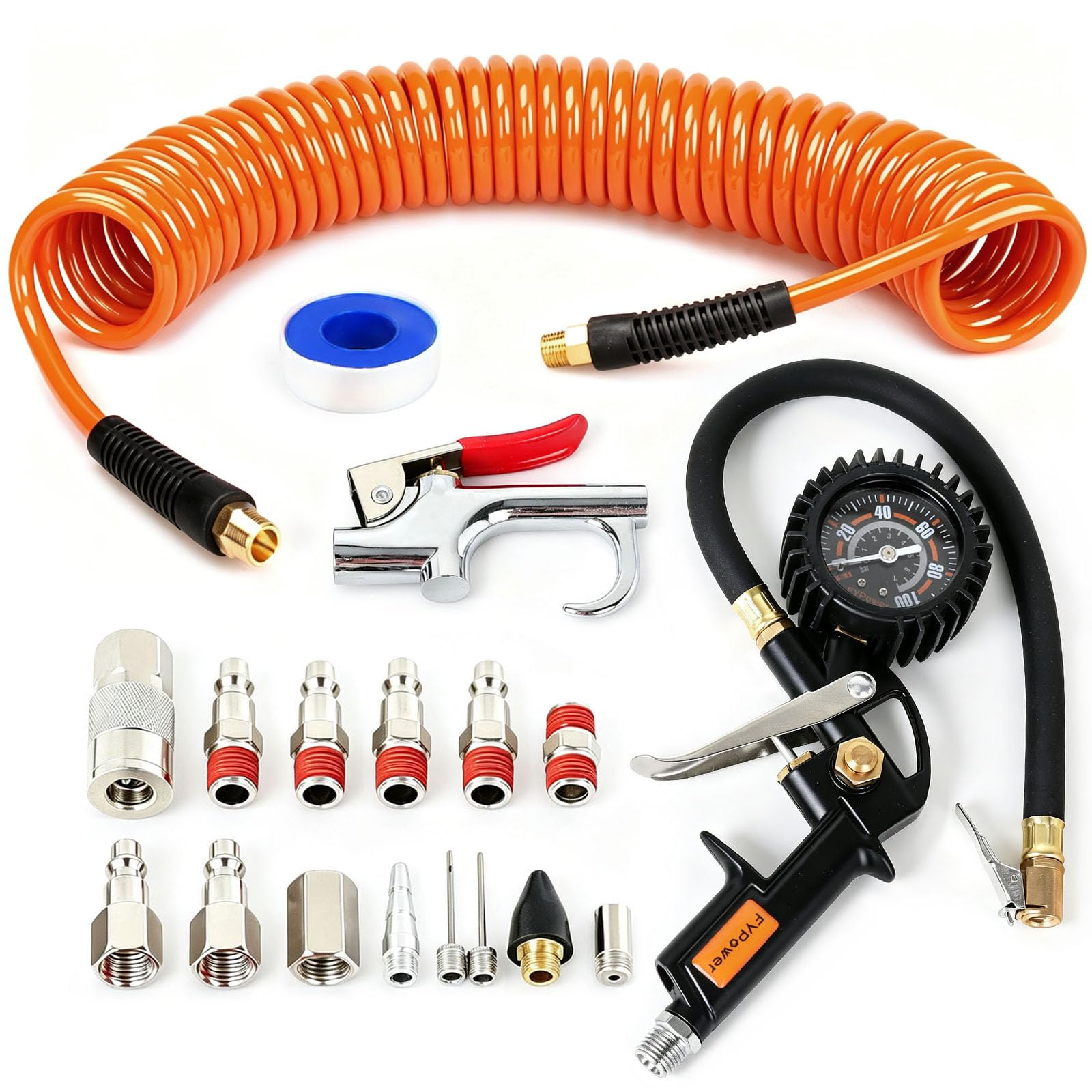 18 Pieces Air Compressor Accessories Kit with Recoil Poly Hose