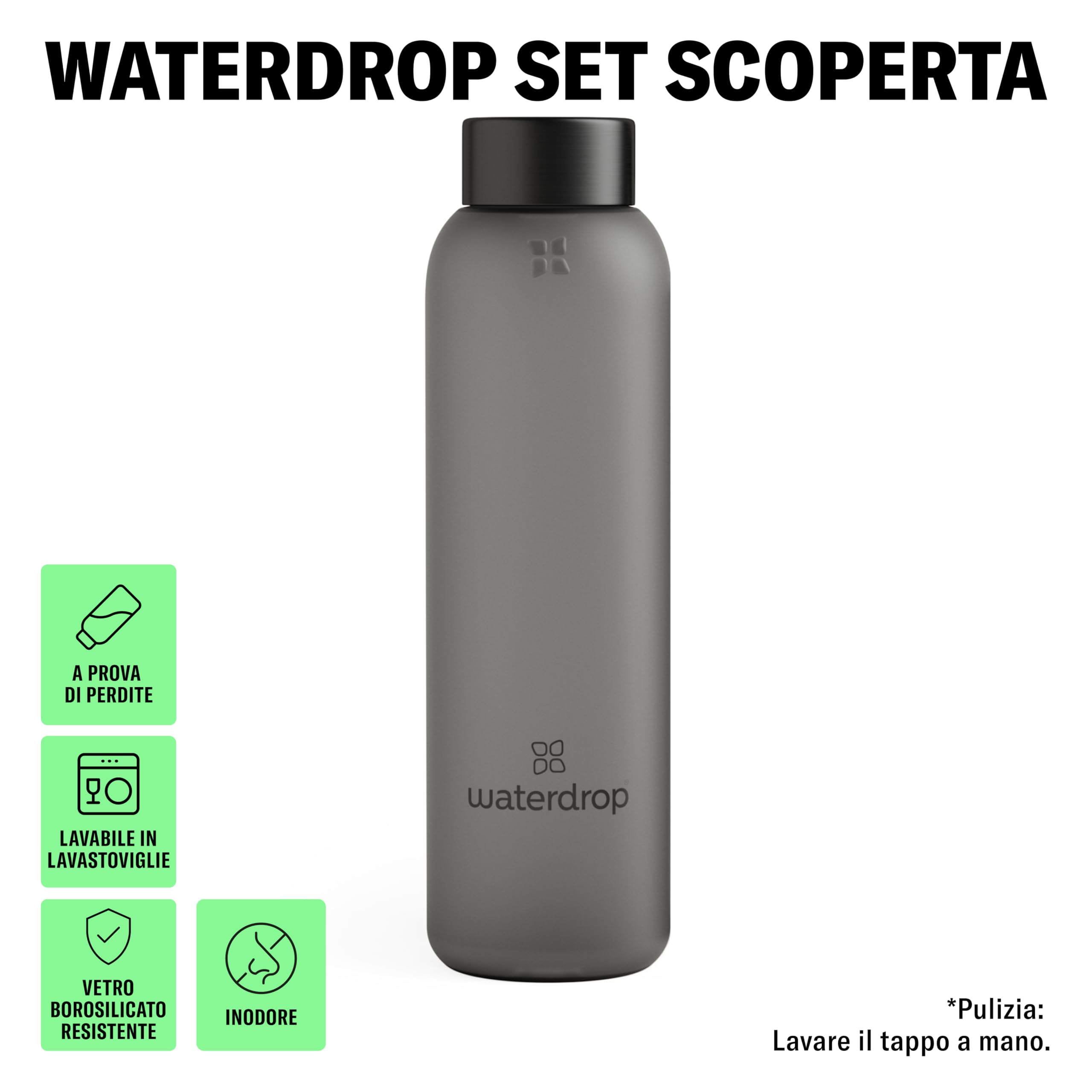 waterdrop® Bottiglie Vetro 600ml con 18 Drops senza zucchero - idee regalo donna - Pacchetto degustazione con Borraccia e 6 gusti aromatizzanti per acqua, senza zuccheri - Cofanetto regalo donna
