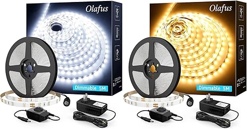Olafus Tira de luz LED blanca cálida regulable de 16.4 pies y tira de luz LED blanca blanca de 16.4 pies de 12 V flexibles para debajo del gabinete,