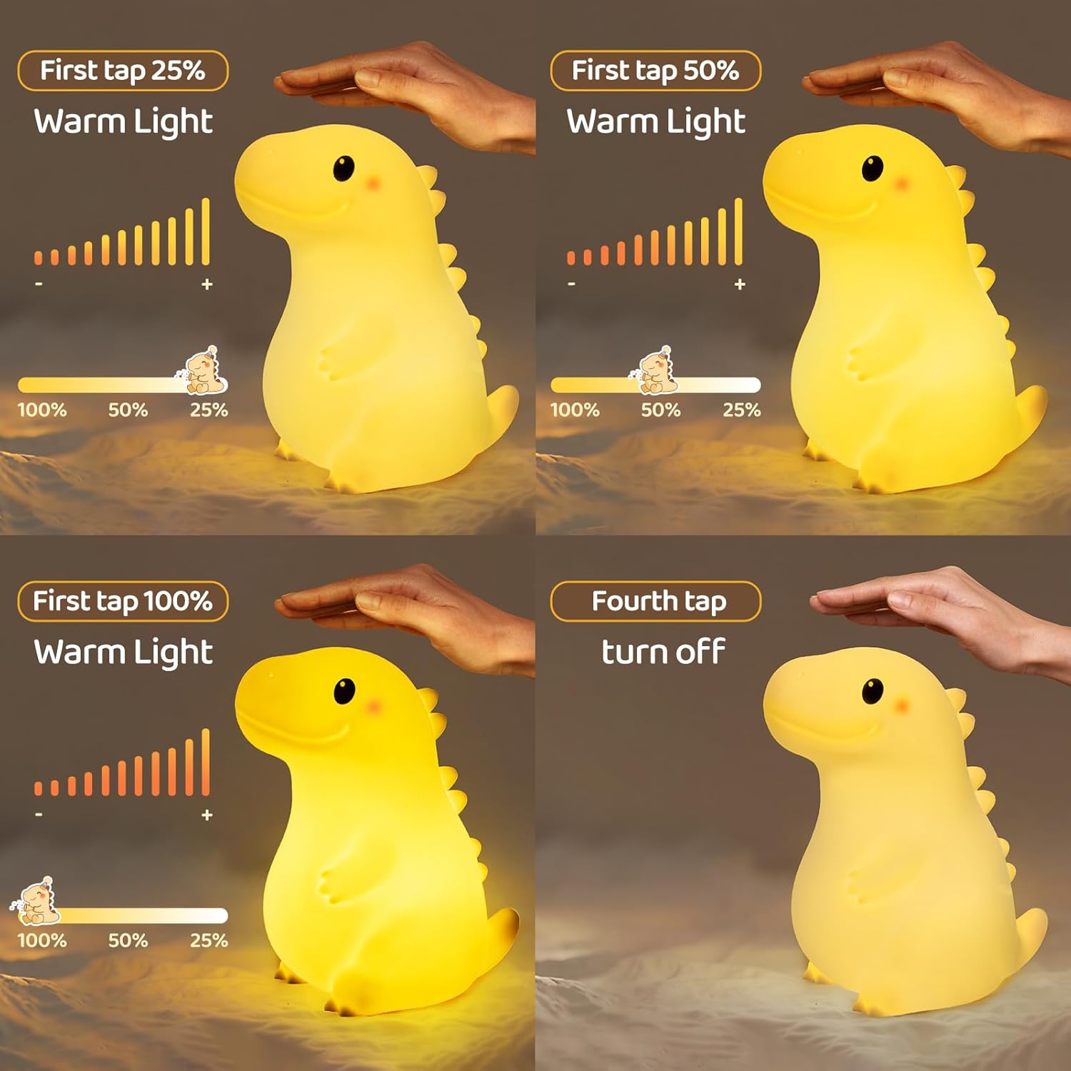 Four images showing a hand tapping the dinosaur night light. The first three taps cycle through 25%, 50%, and 100% brightness, while the fourth tap turns the light off.