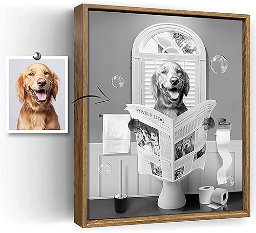 Arte de pared personalizado de retrato de mascotas, imagen conmemorativa de pérdida de mascotas en blanco y negro, divertido perro en el inodoro,