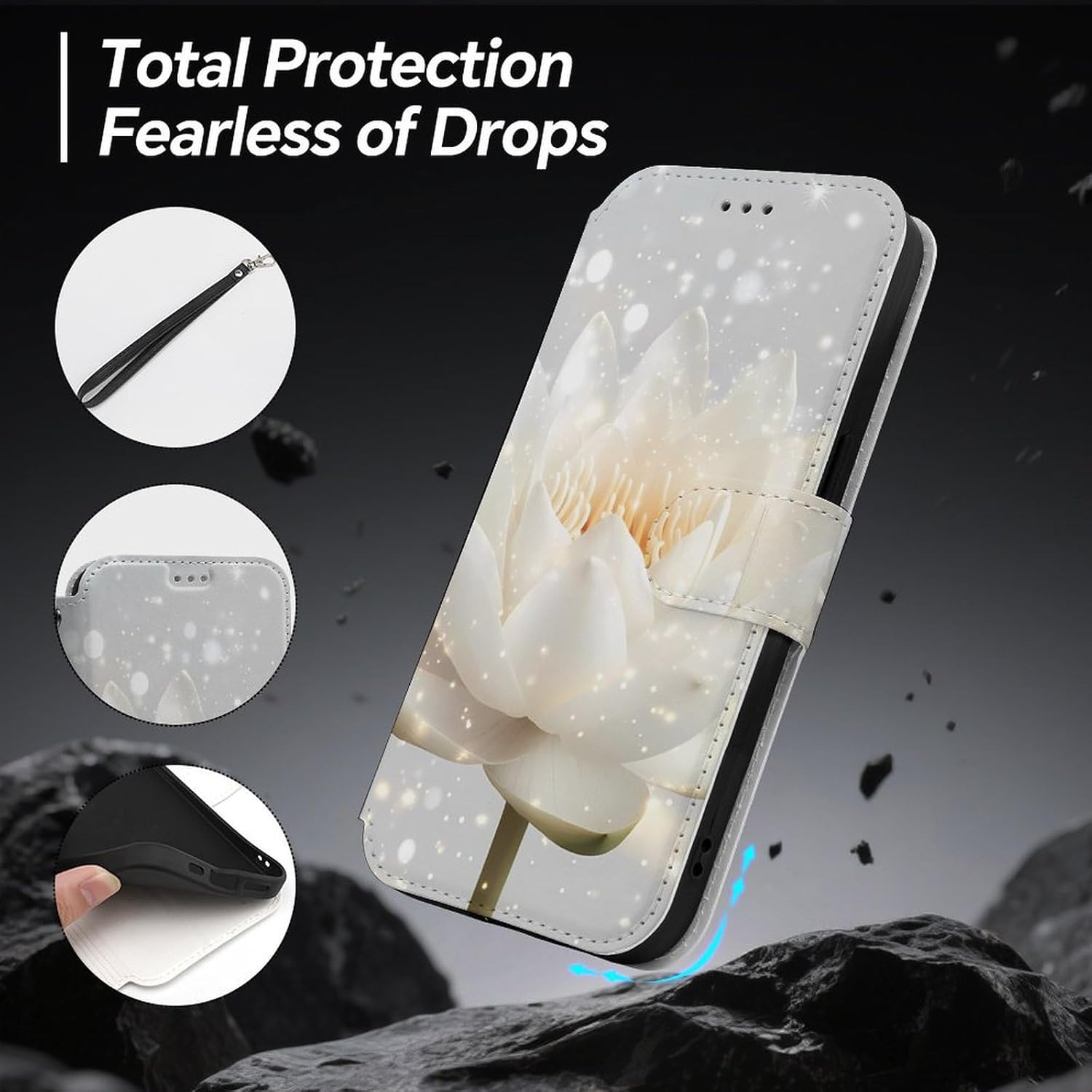 Sparkles Lotuss Flower Compatible with iPhone 16/16 Plus/16 Pro/16 Pro Max/16 E Case Phone Wallet Card Holder Flip Cover with Wrist Strap