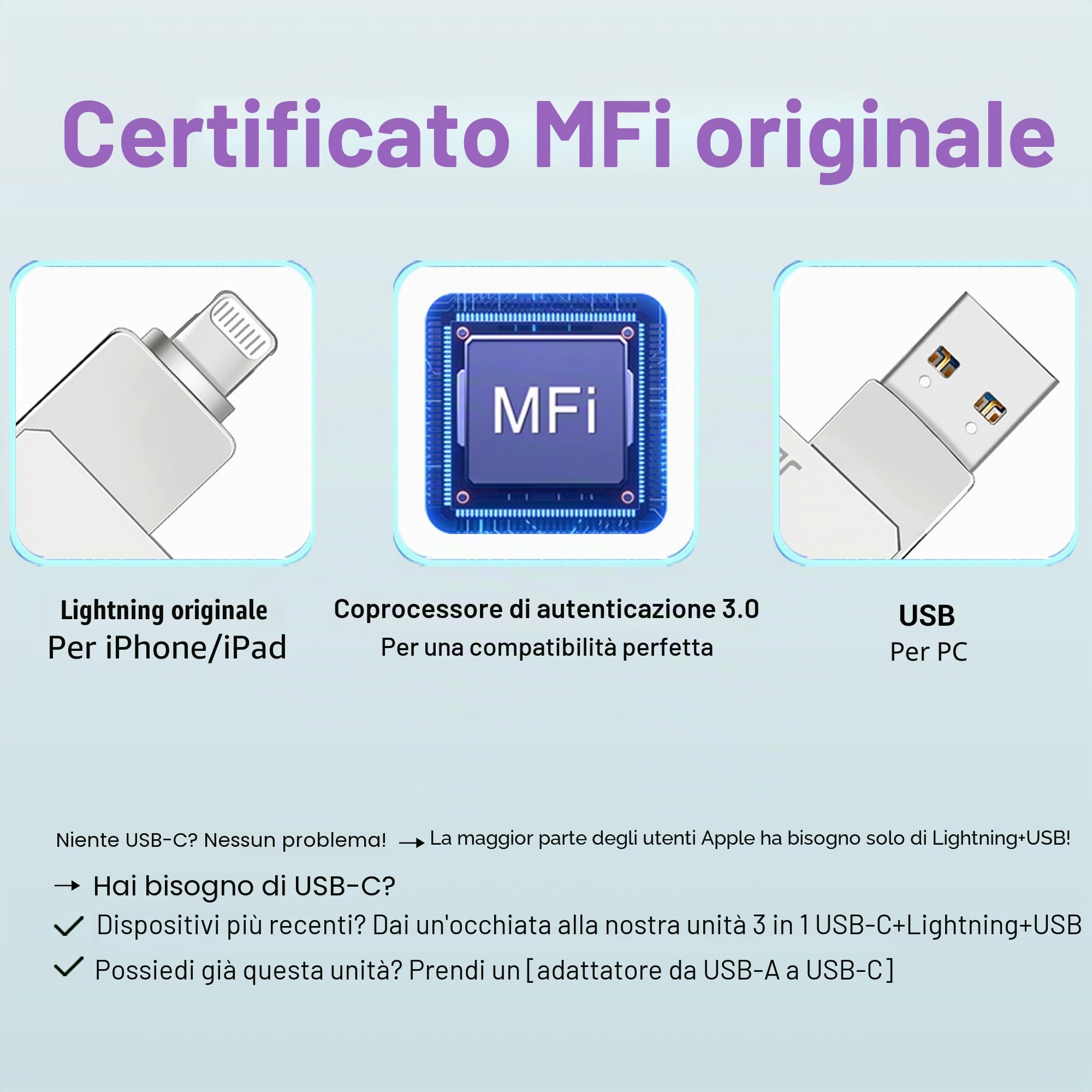 Chiavetta USB da 128 GB per iPhone, certificata Apple MFi, nessun archivio falso, fulmine autentico, backup criptato foto stick per iPhone e iPad