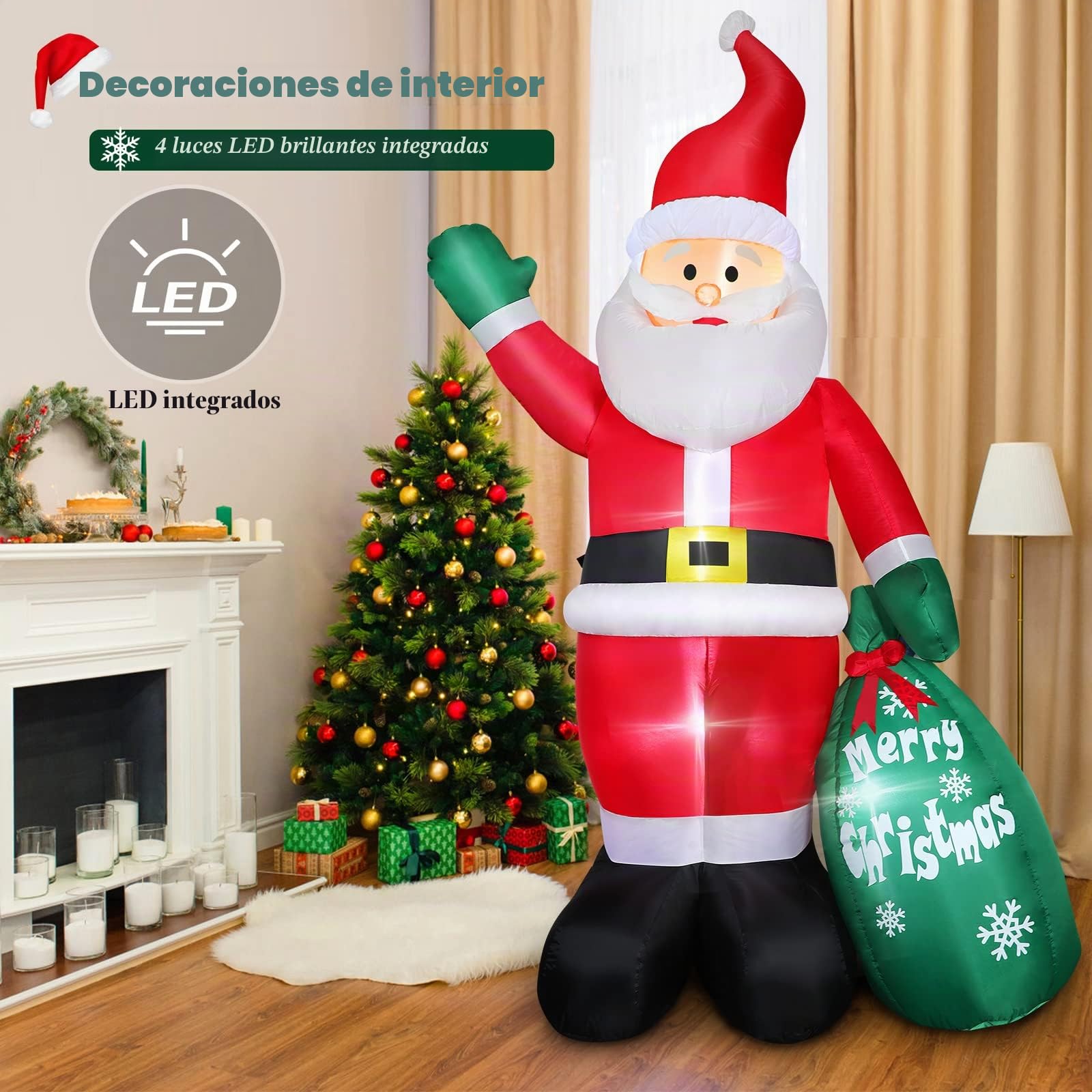 Inflable Papá Noel 244cm, Decoración de Navidad con Luces LED e Inflador Eléctrico, IP44 Impermeable, Figura de Papá Noel Gigante con Bolsa de Regalo, Iluminación Interior y Exterior Jardín Césped