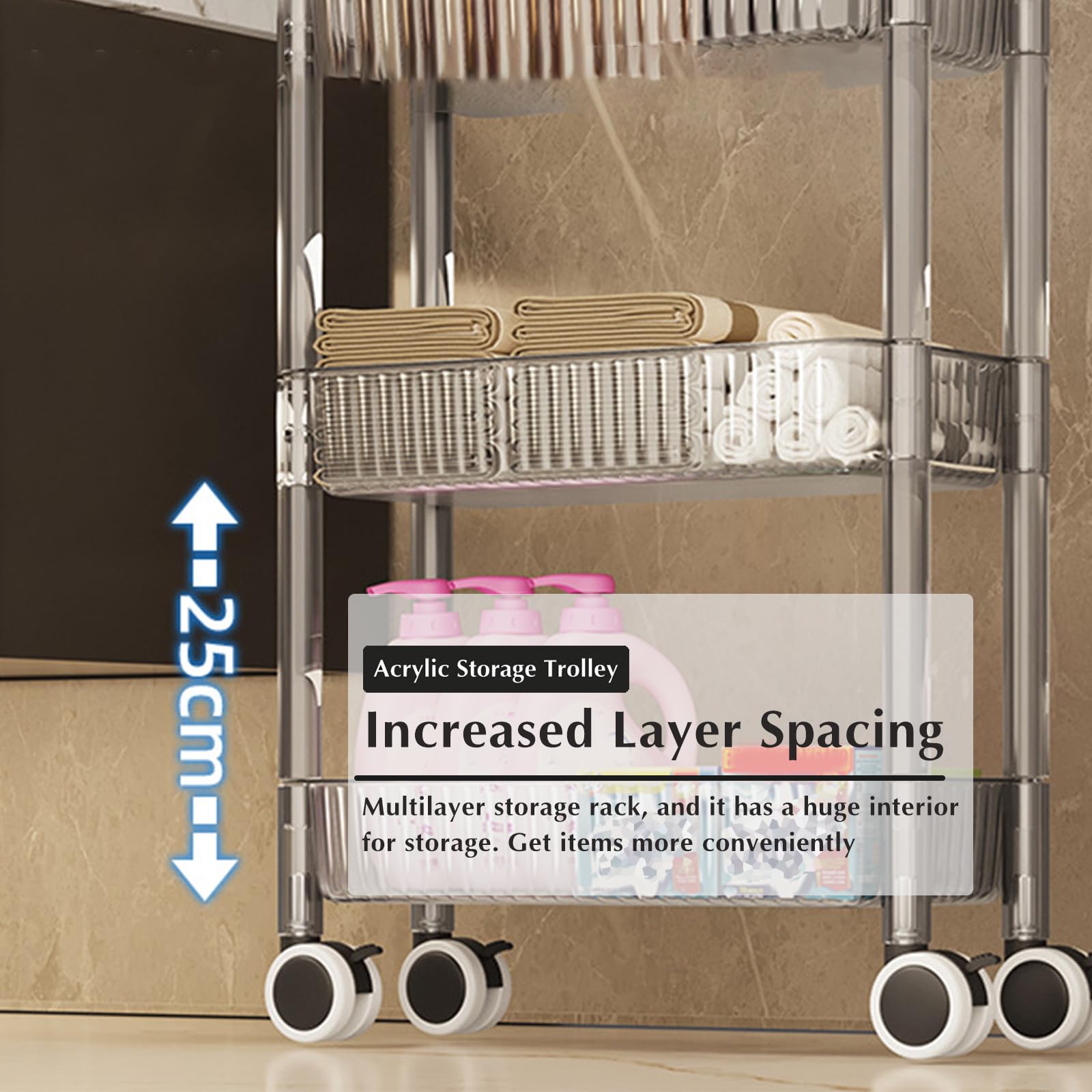Carrello Portaoggetti Sottile, Carrello Multiuso in Acrilico per Bagno da Cucina con Scaffalatura Mobile Multifunzione con Maniglia,Grigio,3 Tier