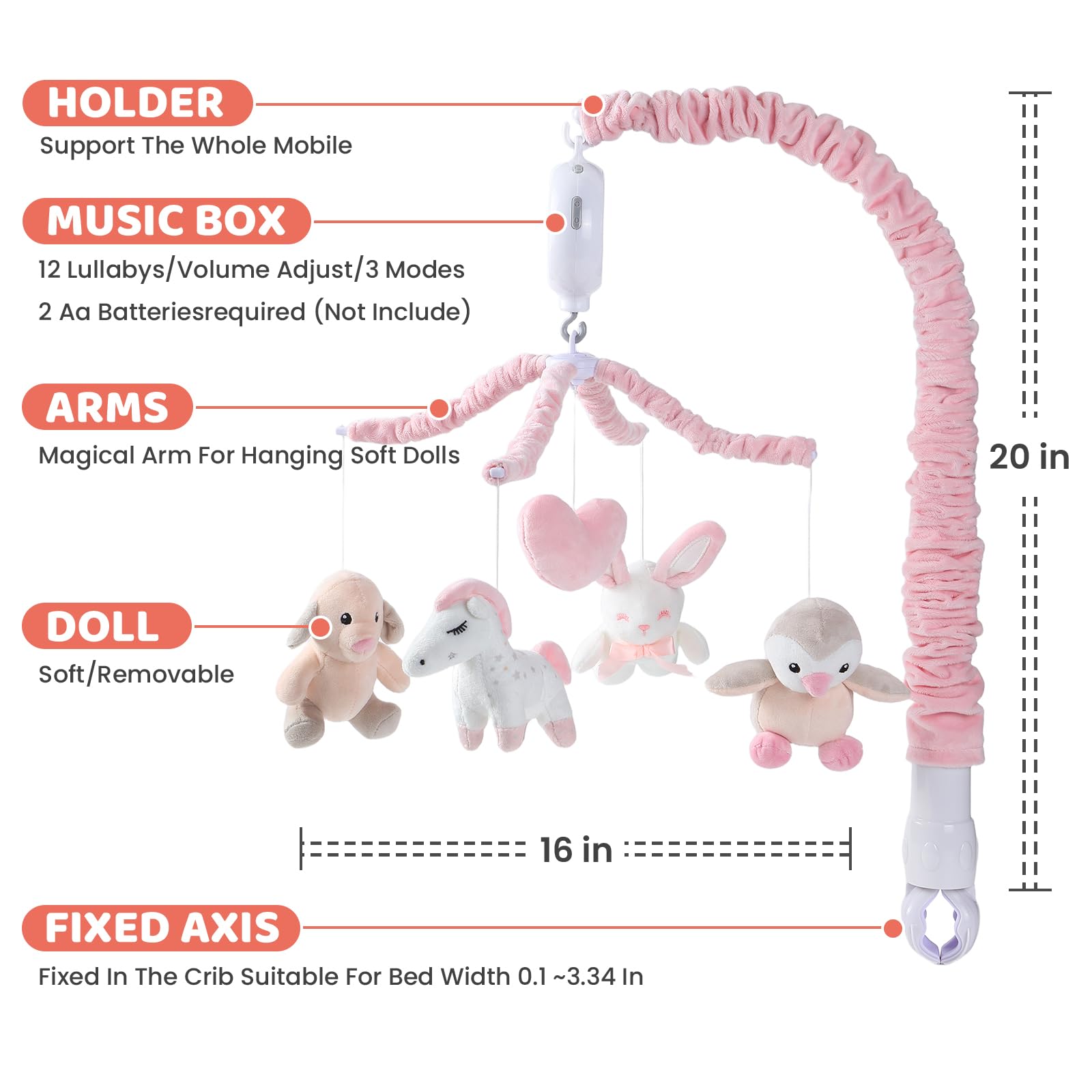 Móvil de cuna para niñas, móvil musical rosa suave para cuna con 12 canciones de cuna, brazo giratorio y juguetes de animales de peluche desmontables, decoración de guardería, móvil de bebé 5