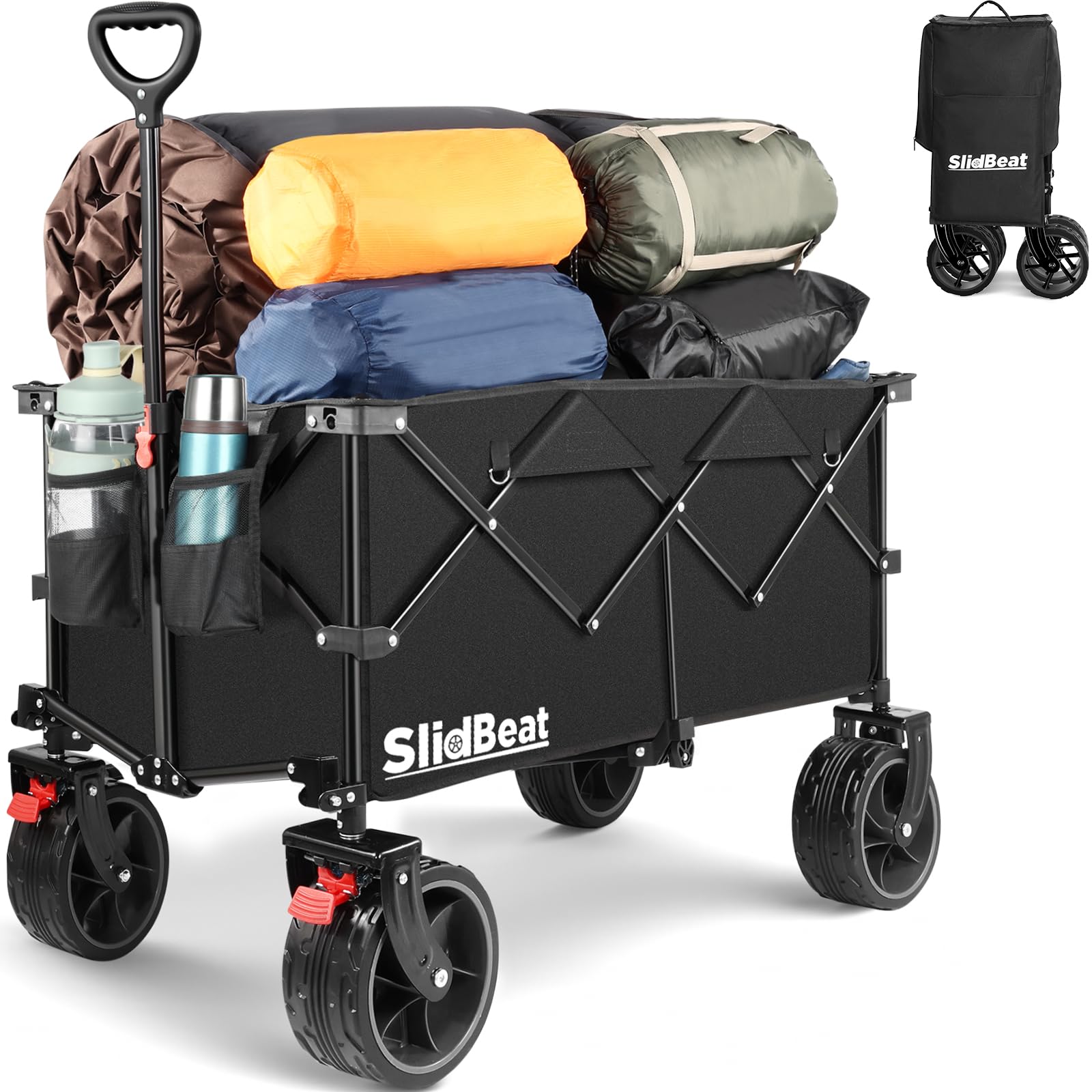 SLIDBEAT Carro de Mano Plegable con Ruedas Universales Grandes, Carro de Playa Plegable de 200 L, Carro de Transporte con Tela 600D Impermeable, Carro de Jardín Compras Camping