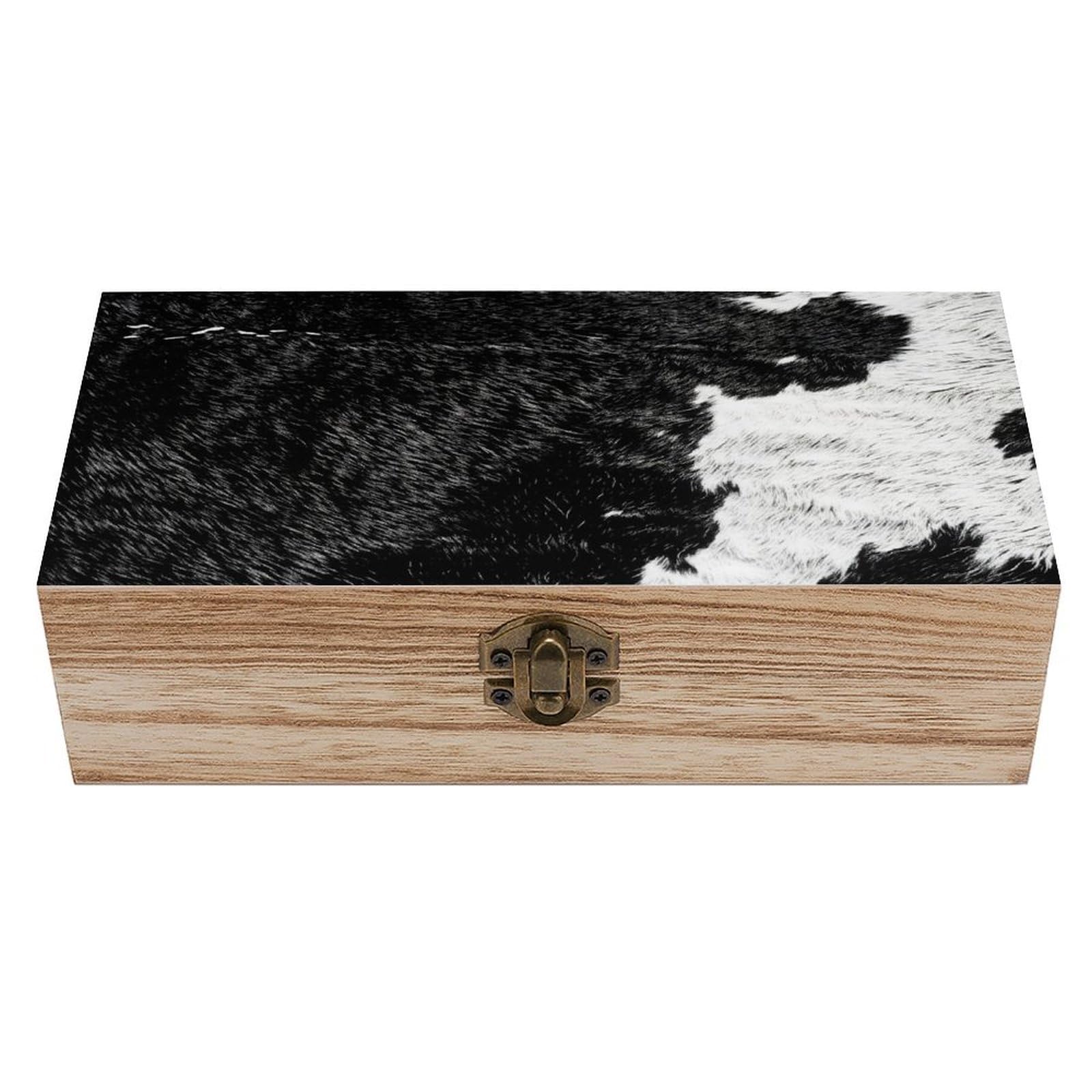 HLBSDM Black And White Cow Vintage Wooden Keepsake Box with Hinged Lid And Locking Clasp, Decorative Storage Box for Jewelry, Trinkets And Small Accessories, Organizer for Home Or Wedding