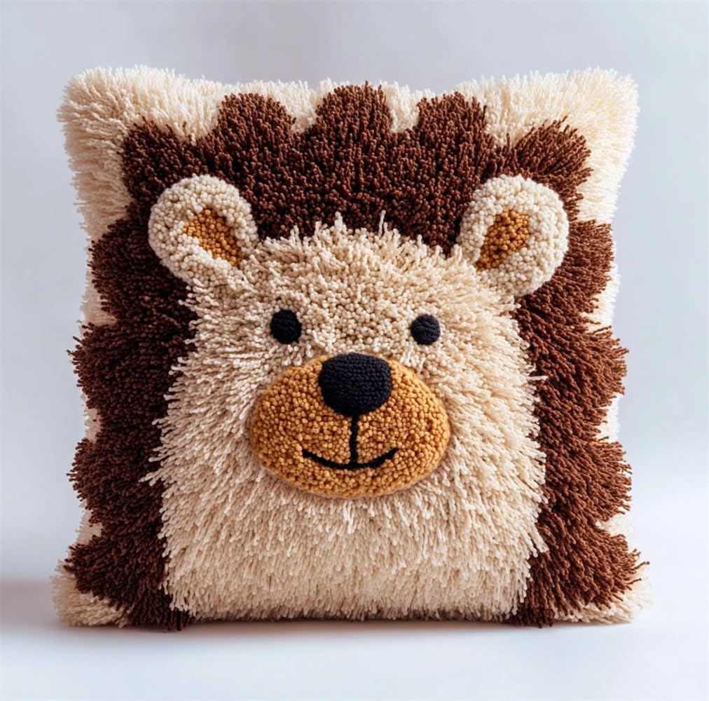kitphoenix Latch Hook Cushion Kits for Adults Smiling Hedgehog Rug Cover Pillowcase Beginner DIY Needlework Embroidery Kits Handmade Set Craft Sofa Home Decor 17X17Inch