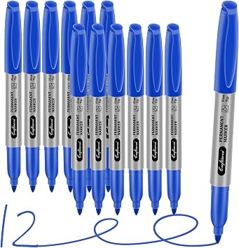 Blue Permanent Marker Bulk, Fine Point Markers Work on Plastic Metal Wood Glass, Waterproof, Quick Drying,Fade Resistant, No Smear, Perfect for Classroom, Home, Office, 12 Count