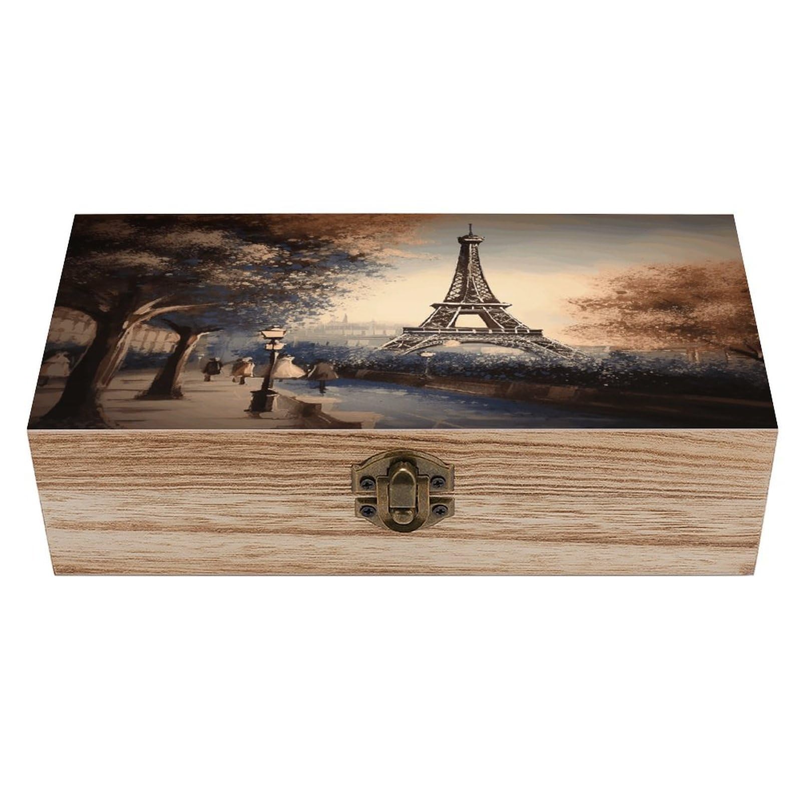 VstaDank Romantic Paris Eiffel Tower Wooden Storage Box Wooden Keepsake Box with Hinged Lid Exquisite Solid Wood Decorative Jewelry Case Memory Box for Jewelry Photos Letters Crafts Trinkets