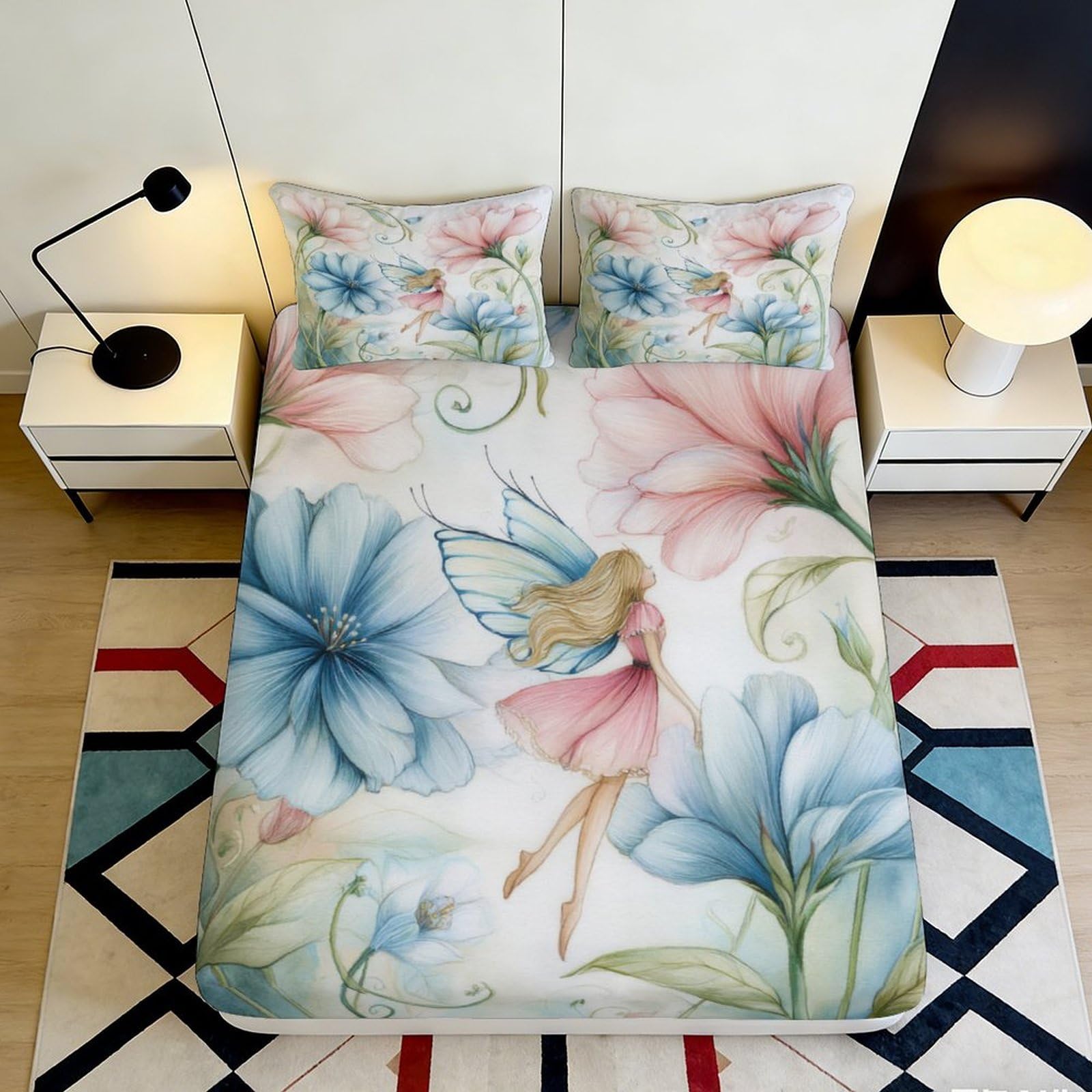 3D Printed Fairy Flower Fitted Sheet Microfiber Soft Breathable Fantasy Bed Cover for Bedroom Guest Room Decor 90x200x25cm