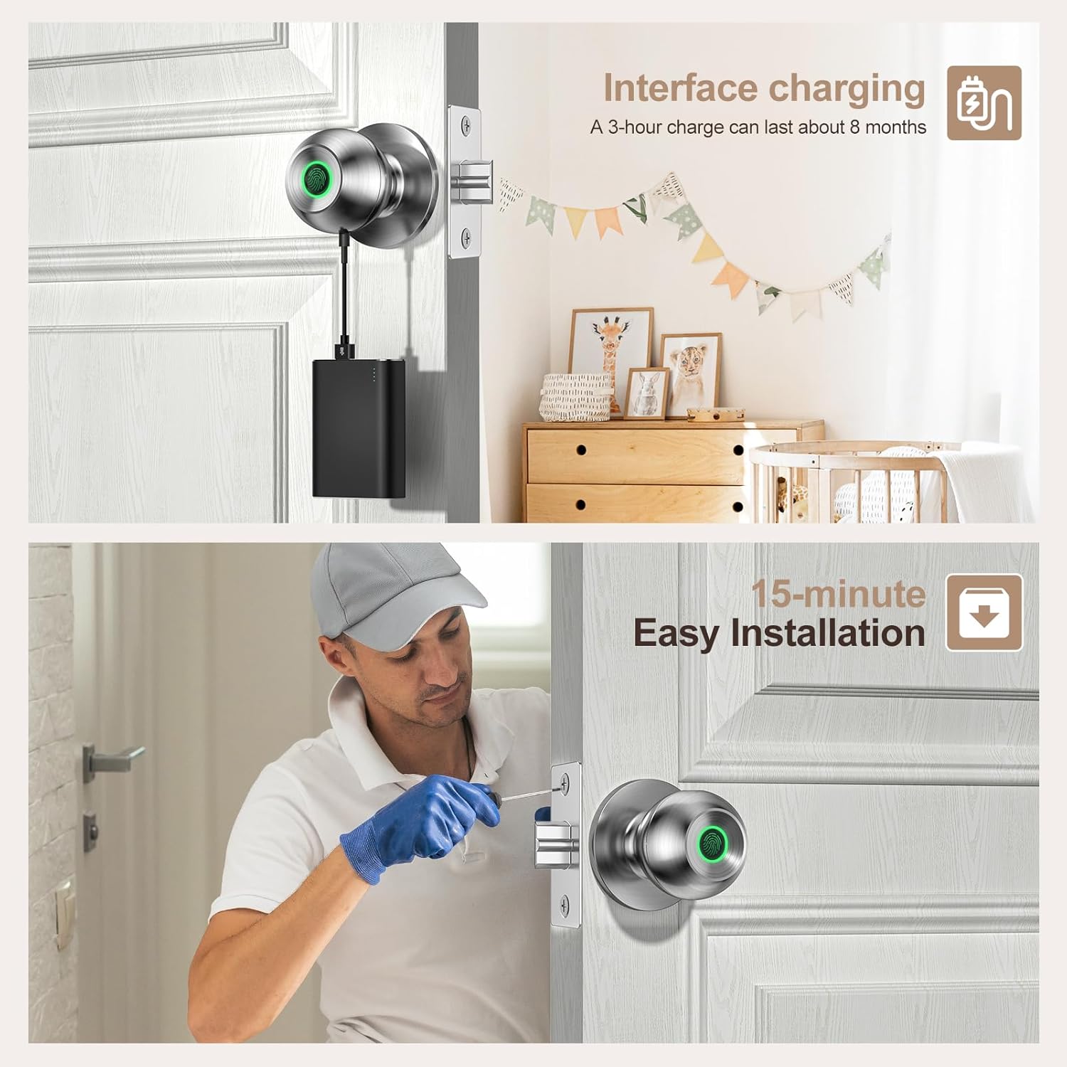 Close-up of the door knob showing the charging port and battery indicator
