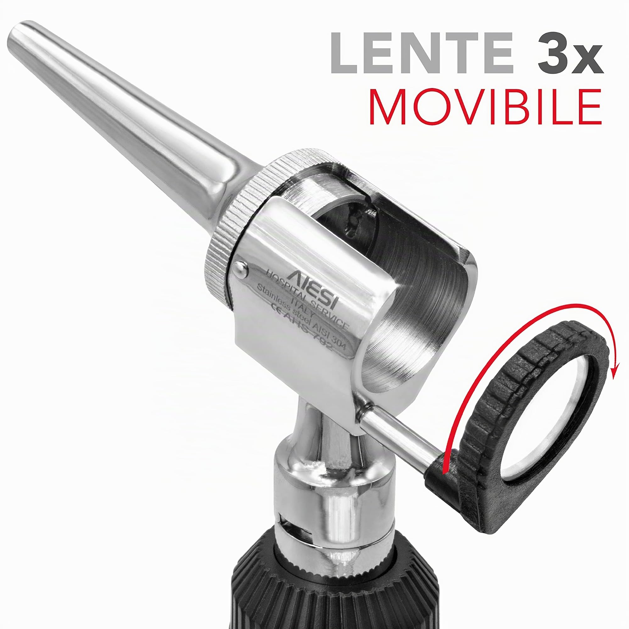 AIESI® Otoscopio Veterinario professionale a testa aperta illuminazione LED 3V a luce bianca con 3 coni in acciaio inox VETSCOPE, fornito con lampadina di ricambio, Garanzia Italia 24 mesi