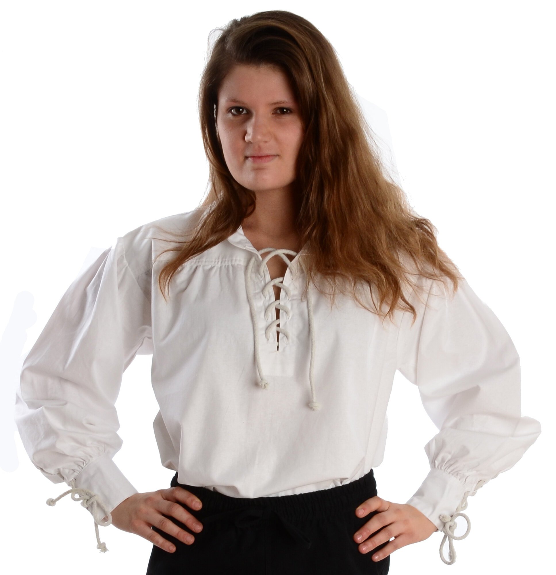 Hemad Women's White Medieval Blouse With Laces And Long Point Collar - S