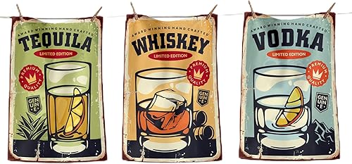 Juego de 3 paños de cocina, 100% algodón, para barra de secado, retro, vintage, decorativo, licor, whisky, tequila, vodka, vintage, decorativo,