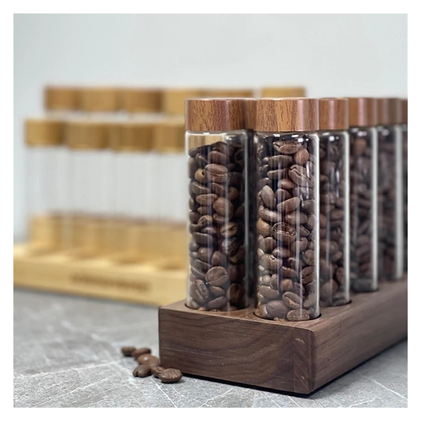 Tubo per chicchi di caffe, contenitore in vetro con imbuto KH-001 | Tubo monodose da 17g o 22g, base in noce, set in due pezzi, 6 o 12 fori(6 holes 17g Beech)